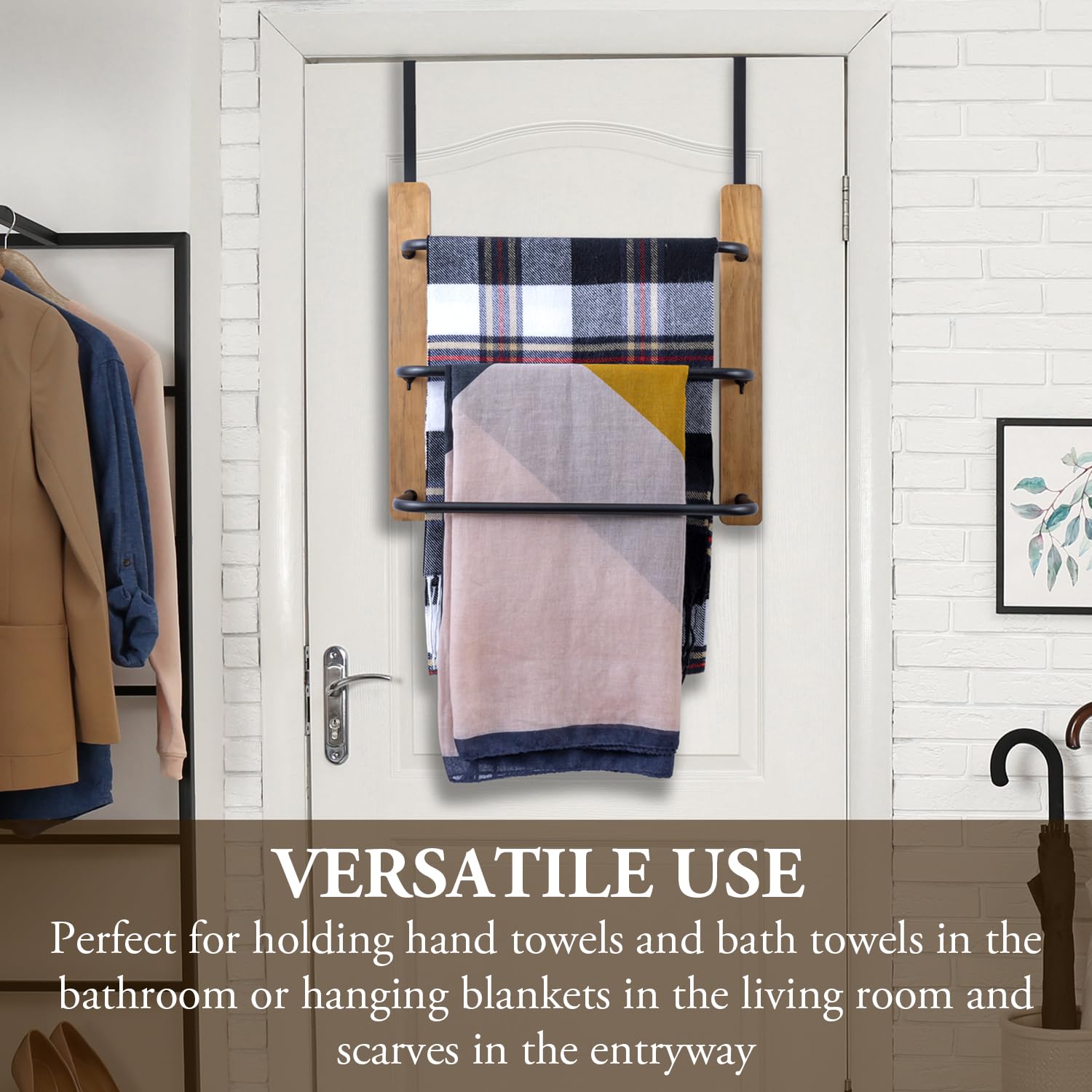 Mygift Rustic Over The Door Towel Rack, 3 Tier Solid Burnt Wood And Matte Black Metal Space Saving Bathroom Door Hanging Towel B