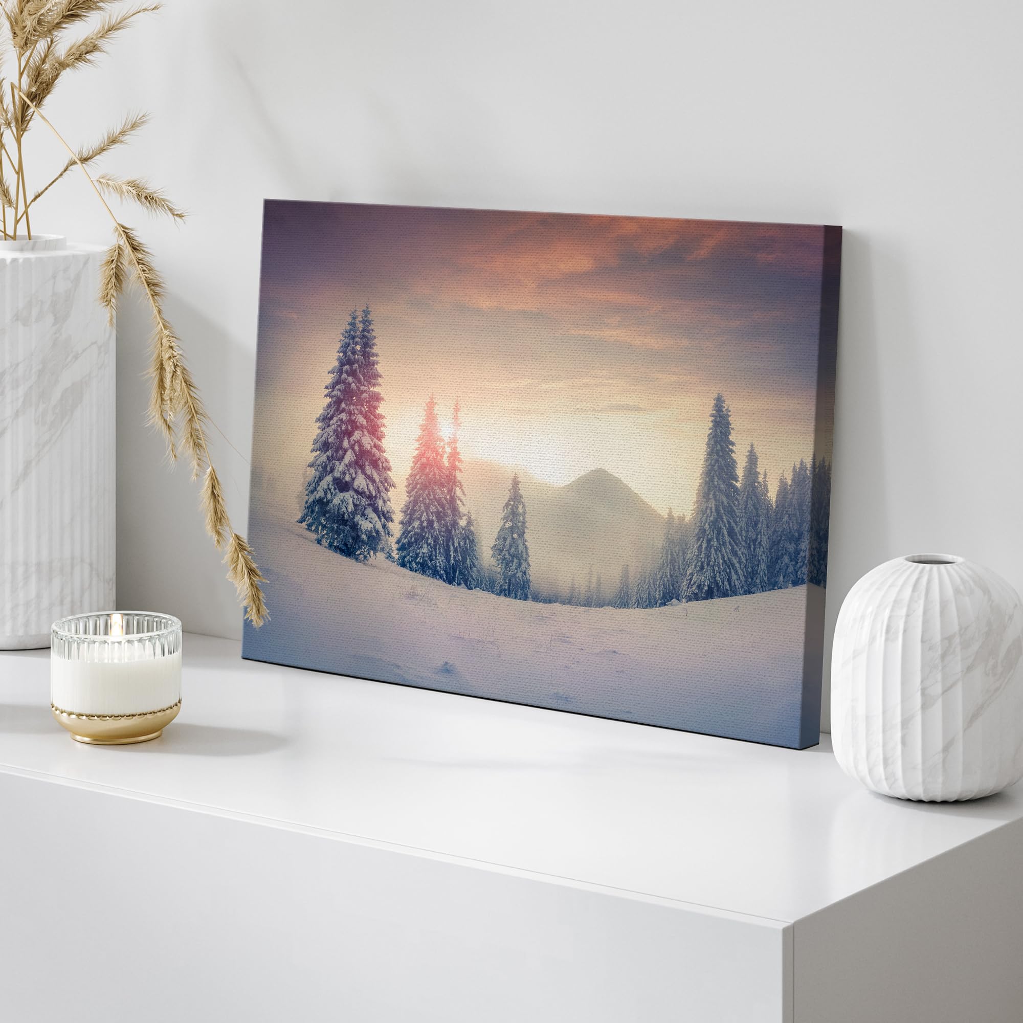 Canvas Prints Wall Art - Foggy Winter Sunrise In The Mountains Vintage/Retro Style Nature Beauty - 24'' X 36''
