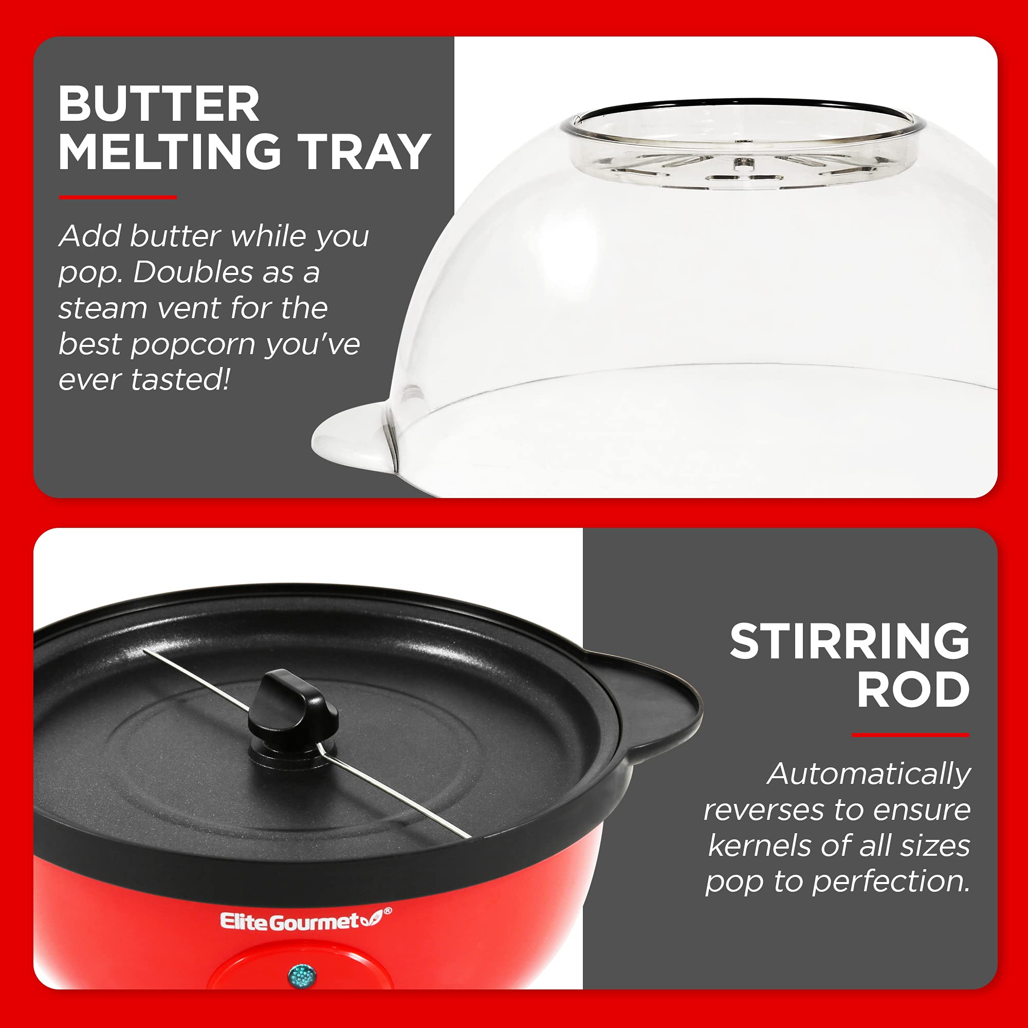 Elite Gourmet EPM330R 3Qt. Automatic Popcorn Maker, Red, Hot Oil Machine with Measuring Cap & Reversible Serving Bowl, ETL Approved