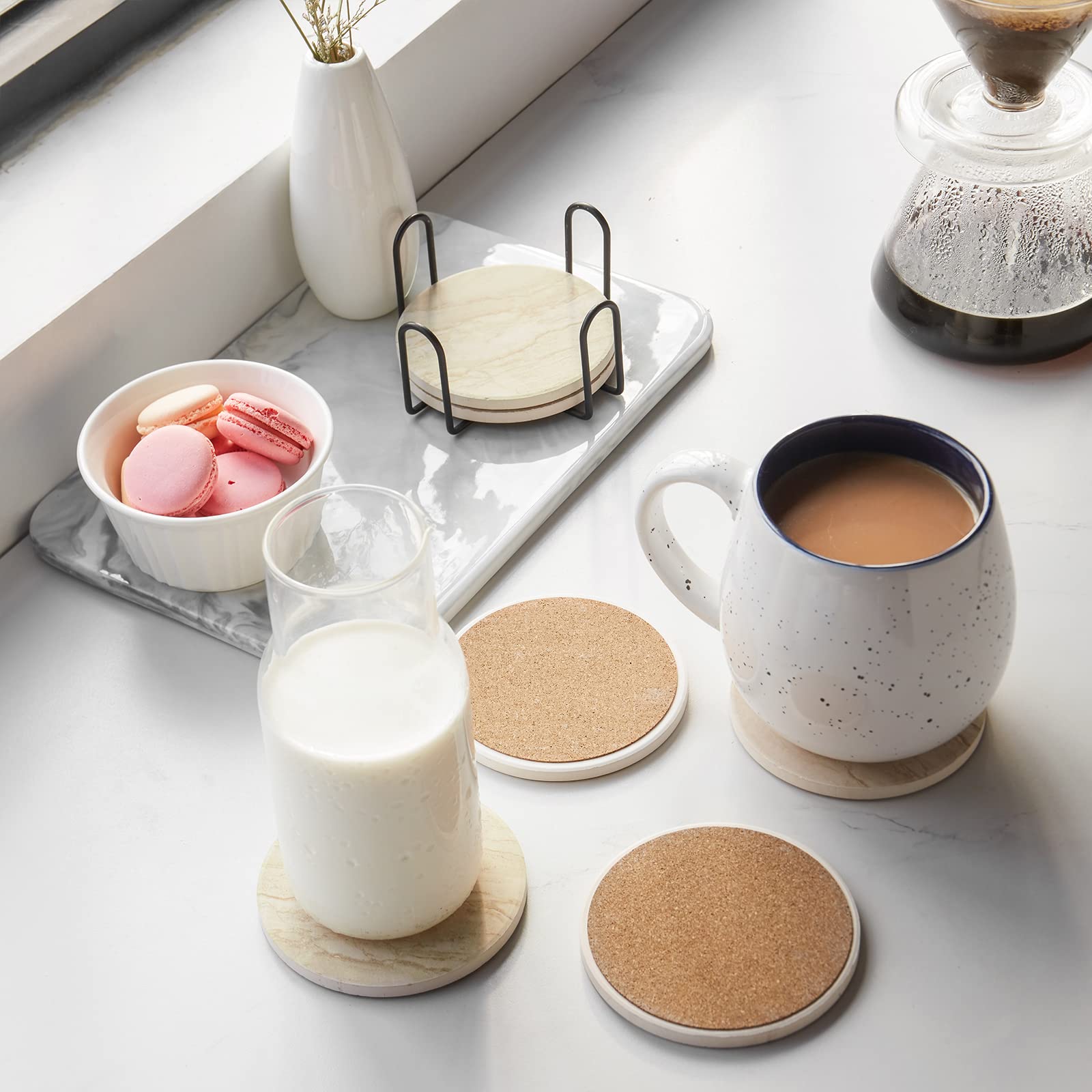 Lifver Coasters Set Of 6 Absorbent Drink Coasters With Holder, Marble Style Ceramic Thirstystone Coasters For Home Decor Coffee