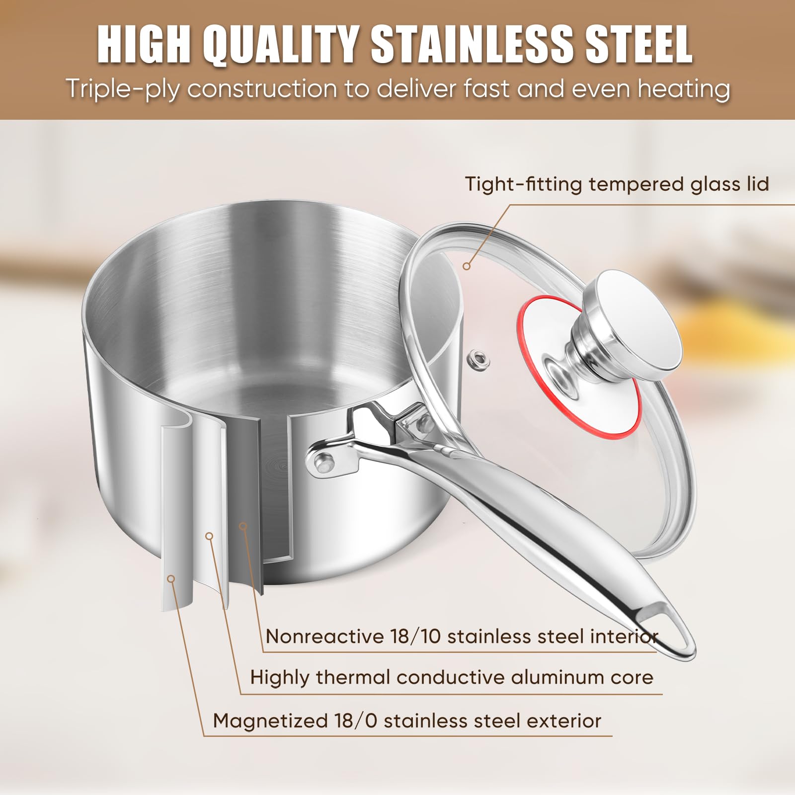 E-Far Stainless Steel Saucepan Set - 1Qt & 2 Qt, Triply Sauce Pan Pot With Lid For Cooking Pasta Warming Milk Boiling Water, Sma