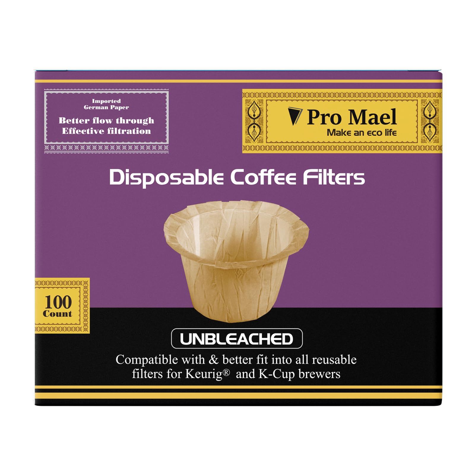 Pro Mael 100 Count Disposable K Cup Coffee Filters For Keurig Single Cup, Use With Resusable K Cups, Natural Unbleached