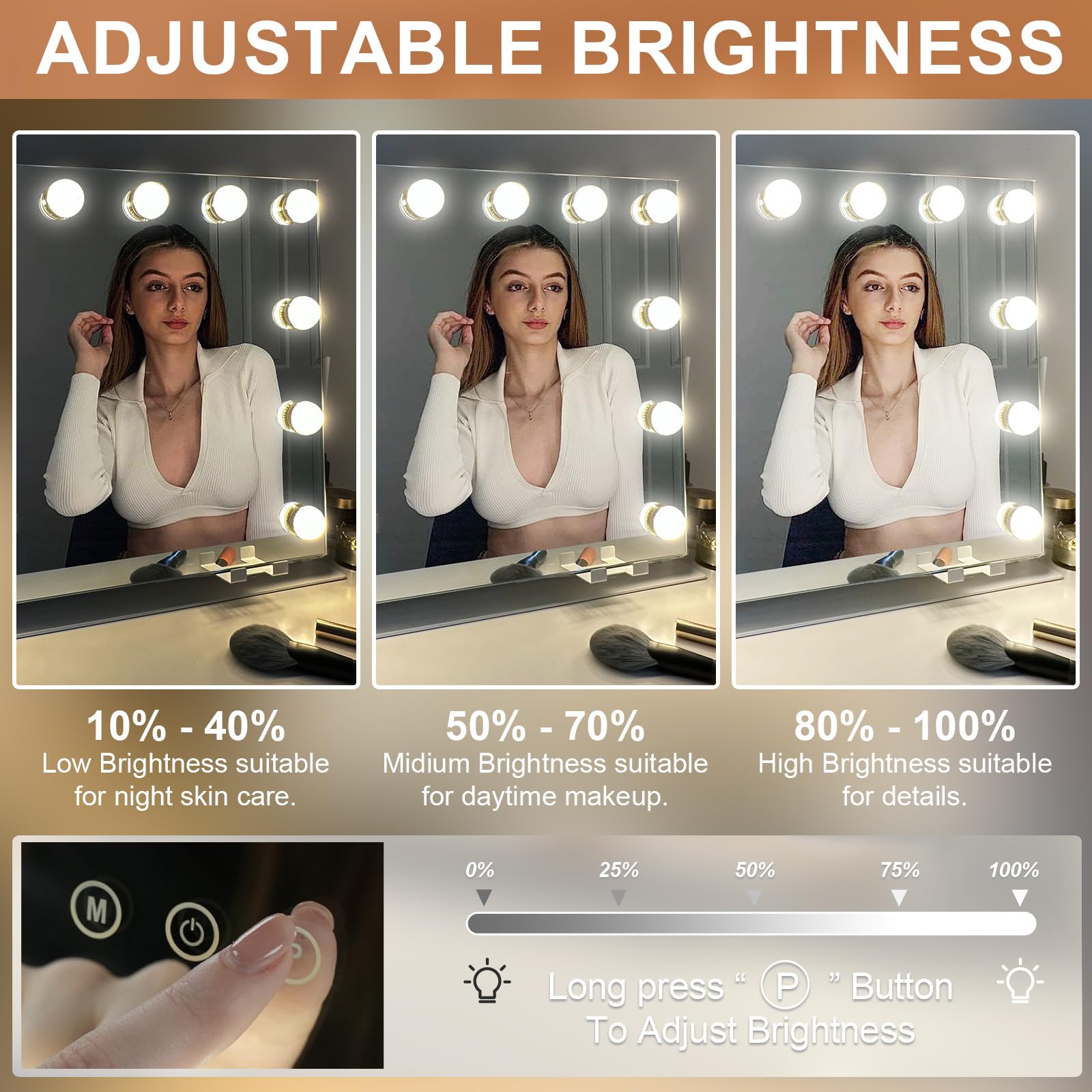 Luxevue Vanity Mirror With Lights, Makeup Mirror, Lighted Hollywood Mirror With Dimmable 3 Color Lights, Detachable 10X Spot Mir