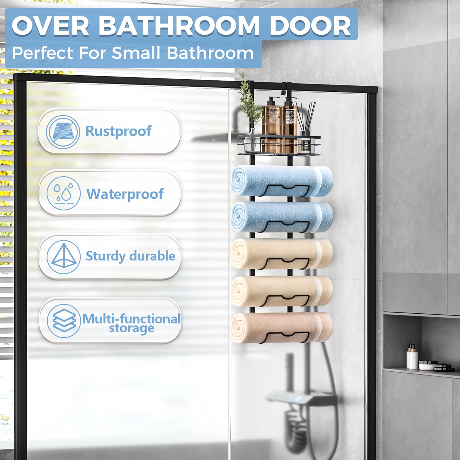 Xstydes 6-Tier Over The Door Towel Rack,Towel Racks For Bathroom, Metal Towel Holder With Storage Basket,Towel Storage For Small