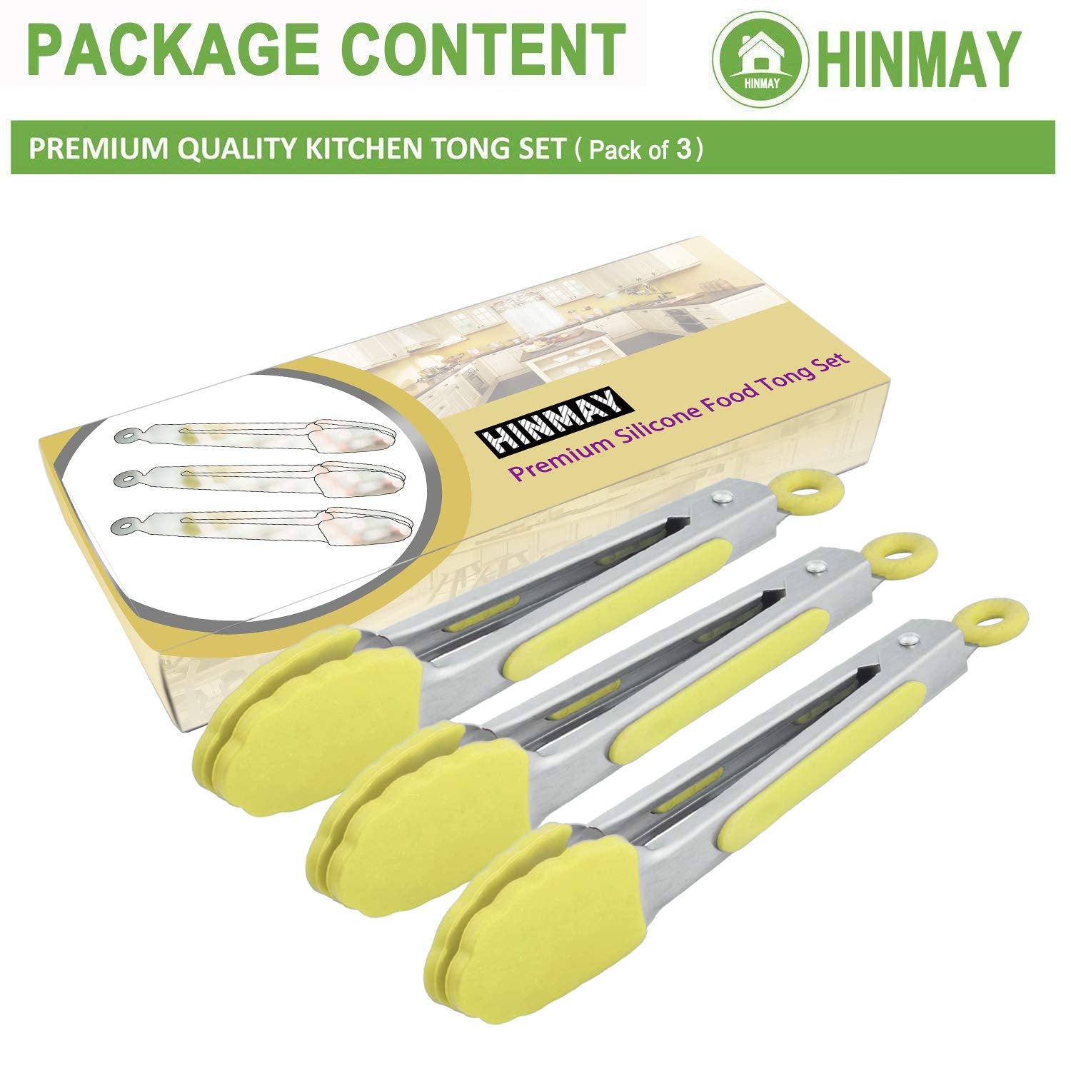 Hinmay Mini Tongs With Silicone Tips 7-Inch Small Serving Tongs, Set Of 3 (Yellow)