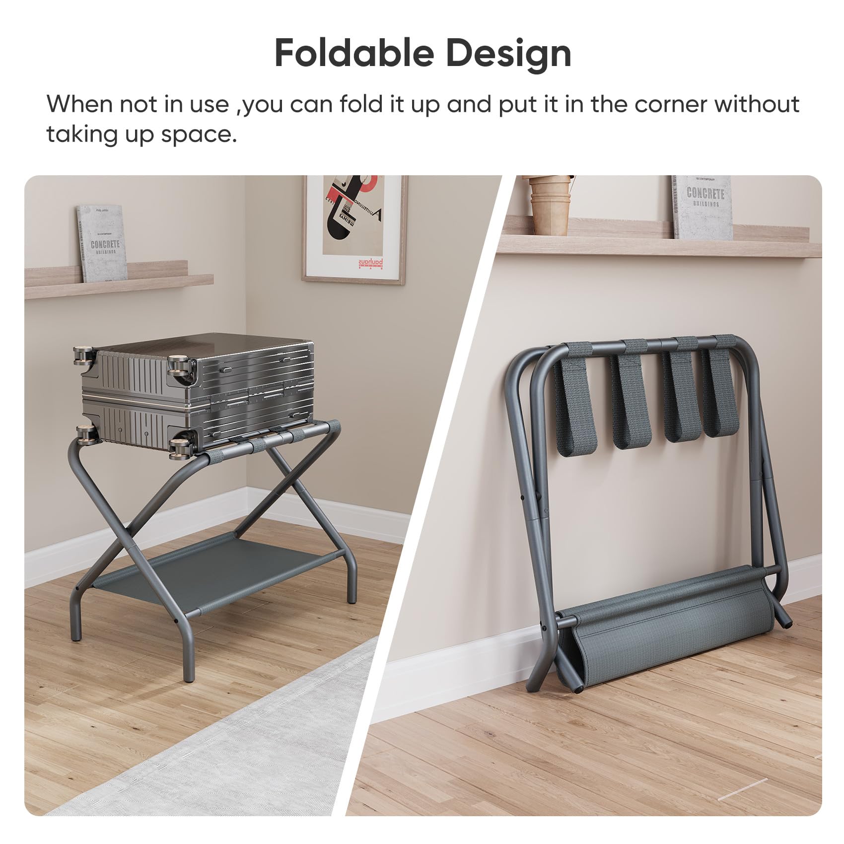 Smuxee Copper Luggage Rack, Foldable Suitcase Stand With Fabric Storage Shelf, Luggage Holder With 4 Nylon Straps For Guest Room