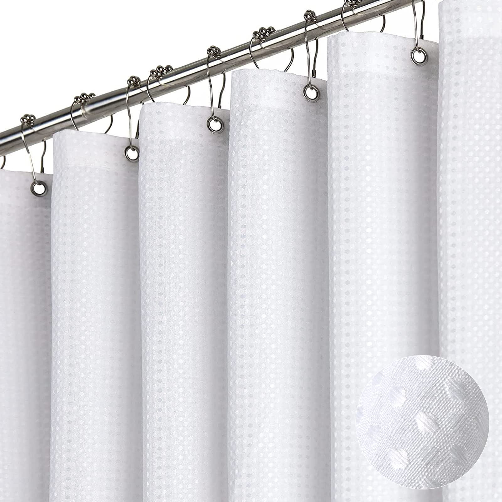 Dynamene White Fabric Shower Curtain, Waffle Weave Heavy Duty Hotel Luxury Cloth Shower Curtains For Bathroom, 72 Inch 256Gsm We