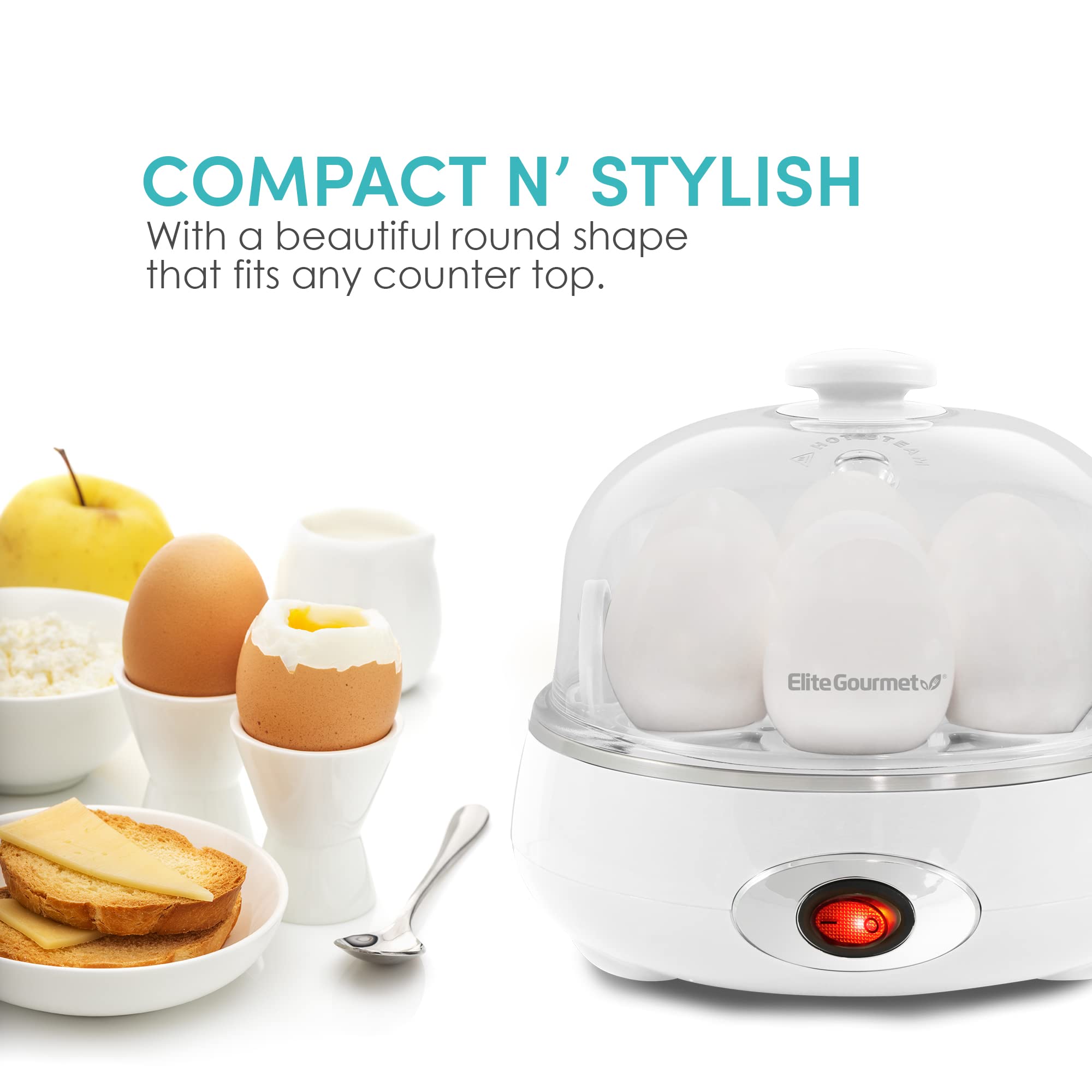 Elite Gourmet EGC700CW# Rapid Egg Cooker  7 Easy-To-Peel  Hard  Medium  Soft Boiled Eggs  Poacher  Omelet Maker  Auto Shut-Off  Alarm  16-Recipe Booklet  BPA-Free  Snow