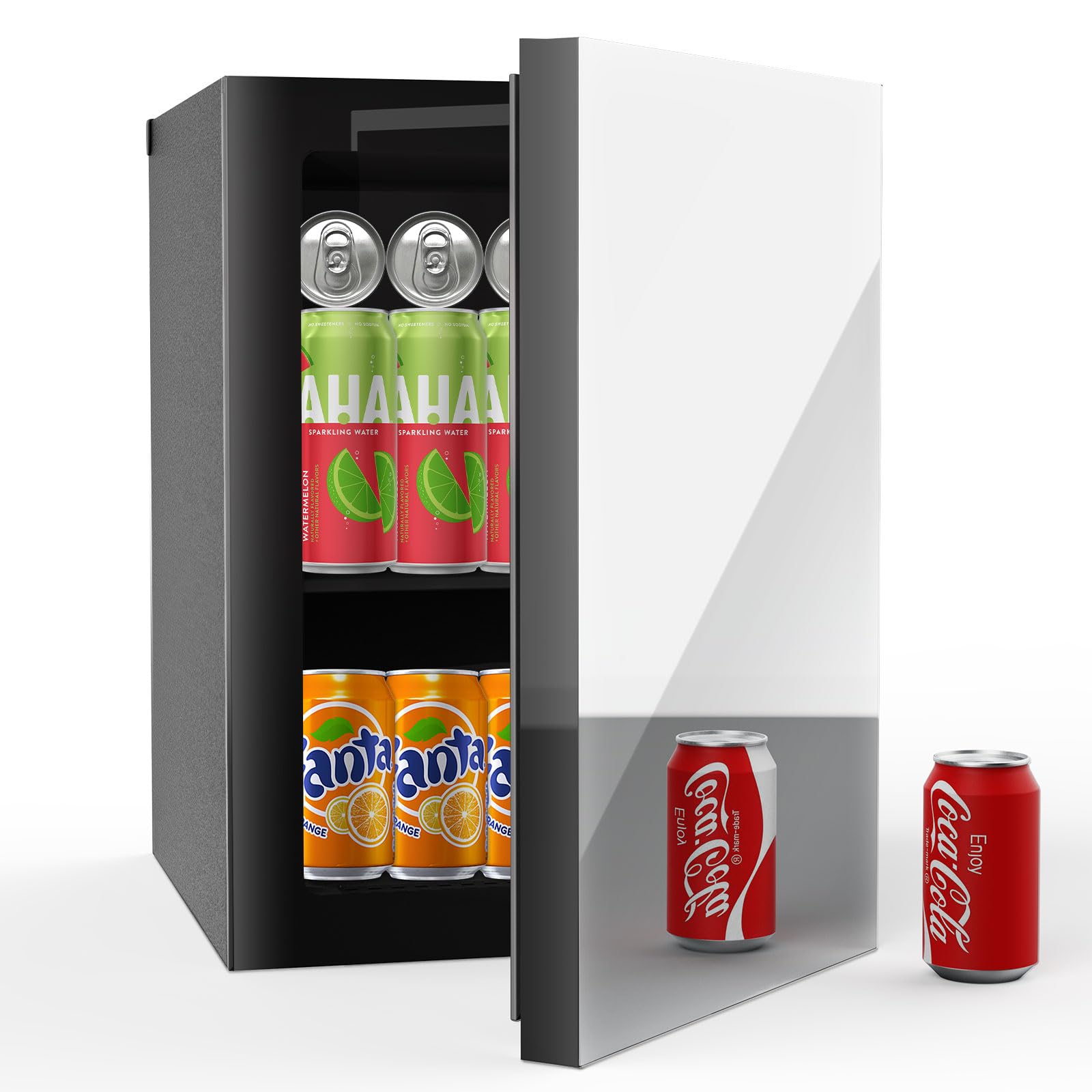 Stopasd Beverage Refrigerator Cooler, 0.9 Cu.Ft/24 Can Mini Fridge with Adjustable Shelves & Mirror Door for Drink and Cosmetics