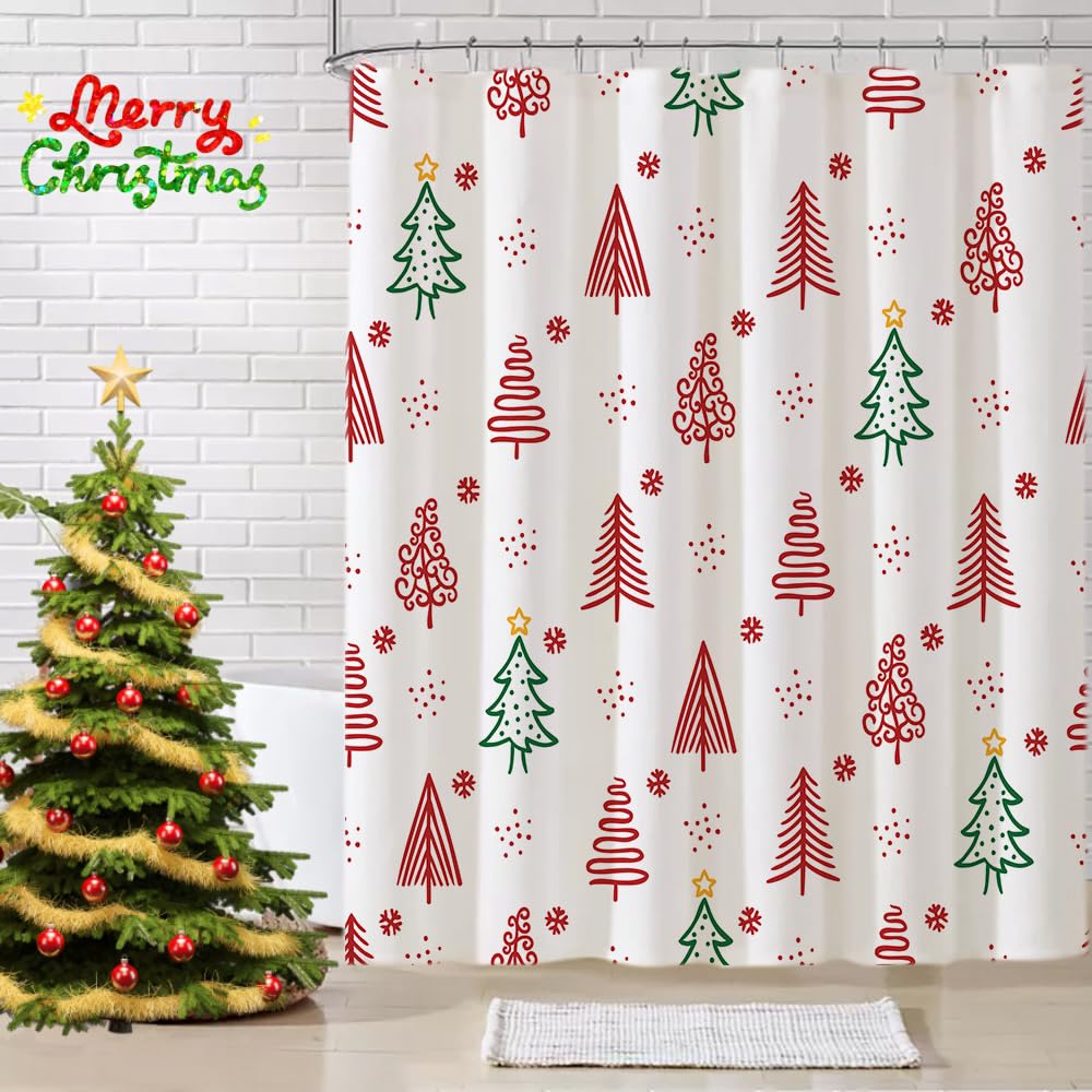 Christmas Shower Curtain Set, Merry Christmas Red Tree Shower Curtain, Xmas Pine Red And Green Shower Curtain For Bathroom Decor