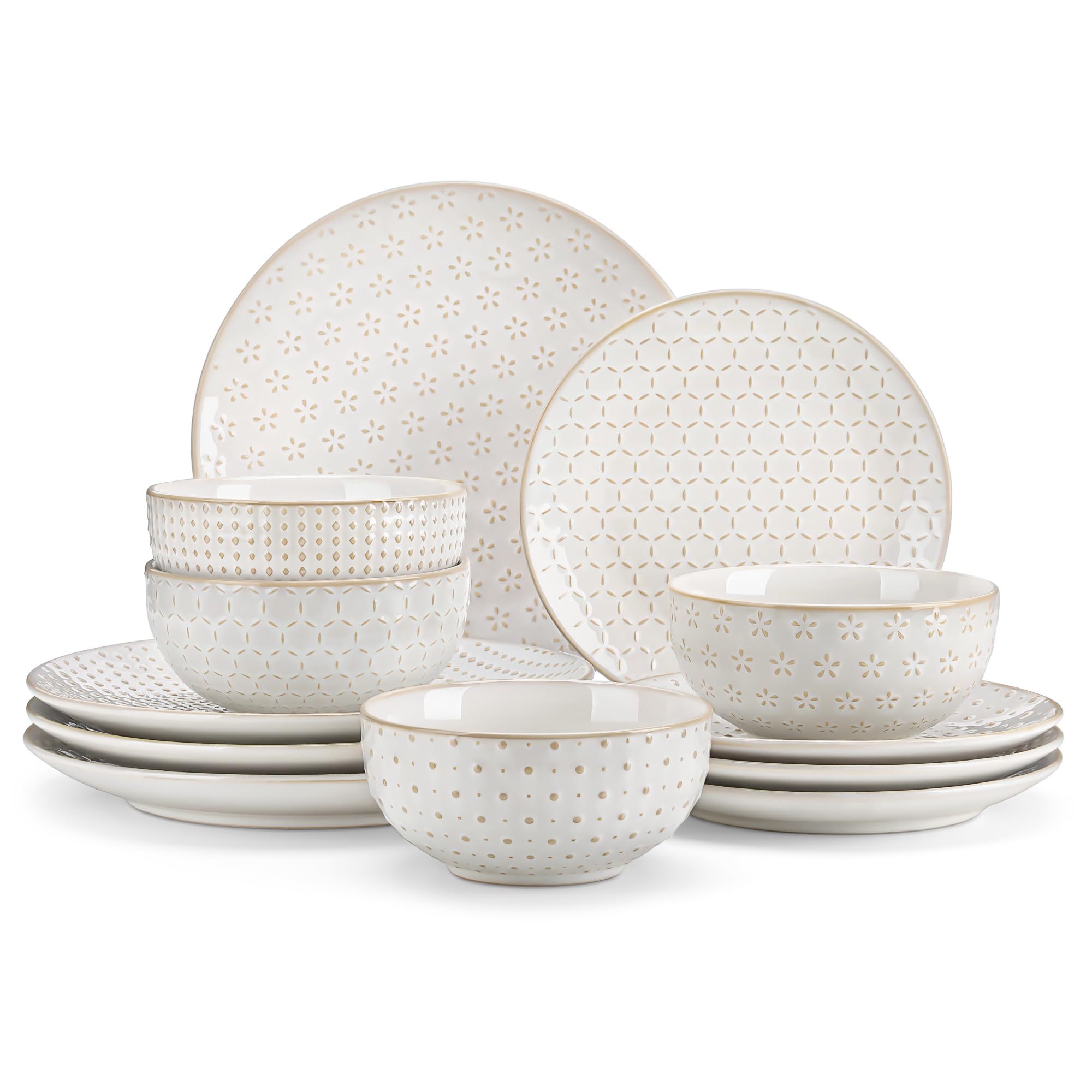 MALACASA 12 Pieces Dinnerware Sets, Modern Relief Design Plates and Bowls Sets, White Dish Set for 4, Kitchen Ceramic Dinner Pla