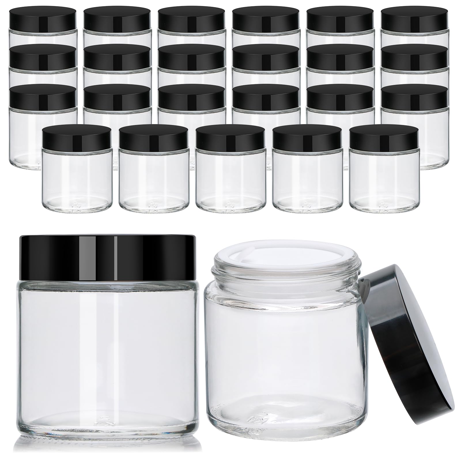 4Oz Glass Clear Cosmetic Jars With Black Lids,Empty Small Glass Jars With Inner Liners,Round Travel Sample Container For Cream,L