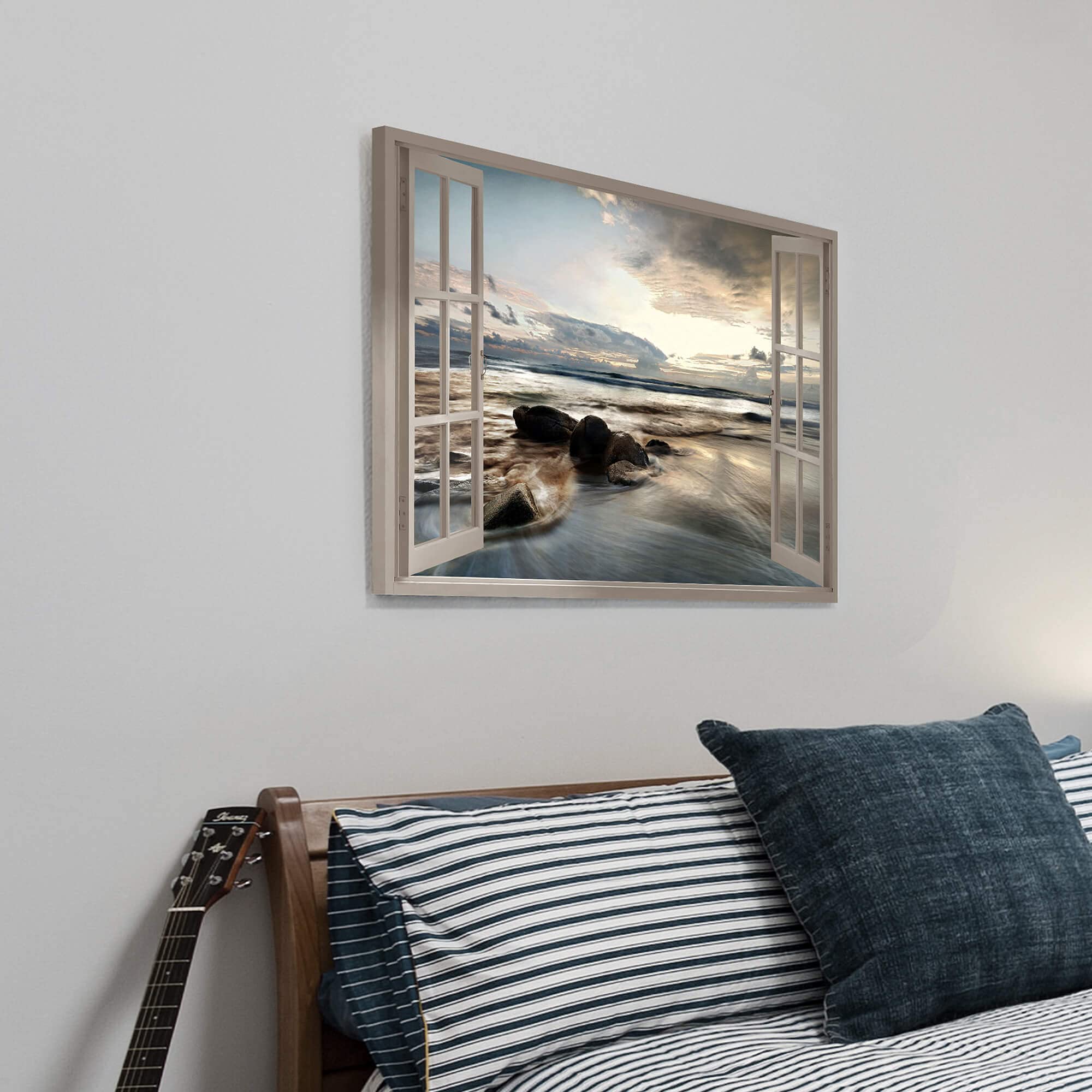 SunFlax Ocean Open Window Canvas Art - Sunset Beach Seascape, 36L x 24W, Modern Nature Landscape for Bedroom & Living Room
