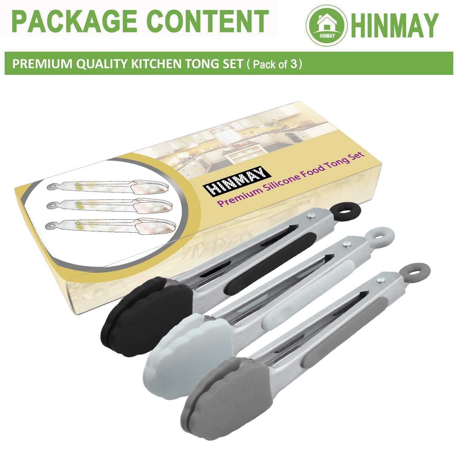 Hinmay Small Silicone Tongs 7-Inch Mini Serving Tongs, Set Of 3 (Black White Gray)