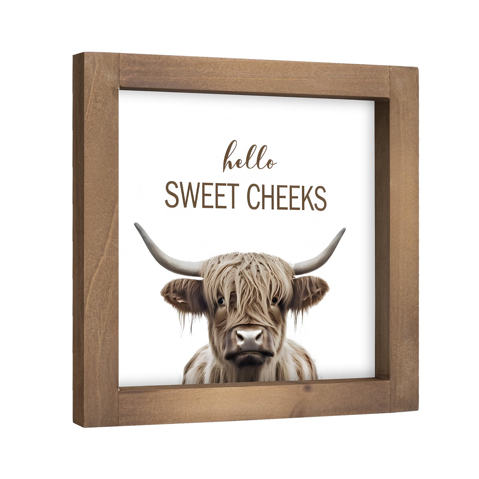 flangairy Hello Sweet Cheeks Sign, 6 Inch Wooden Funny Highland Cow Bathroom Decor, Western Decorative Signage Indoor Table Toil