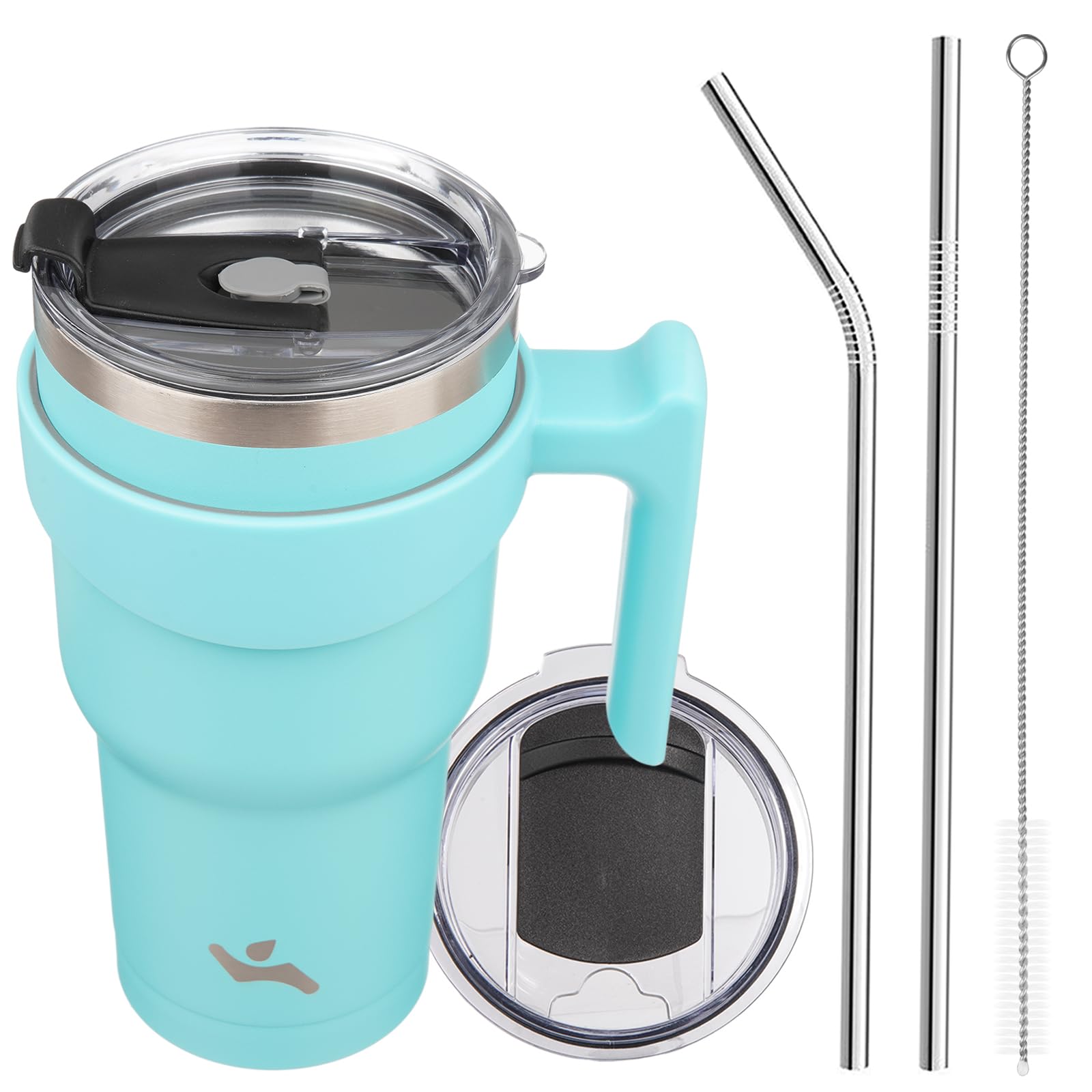 Konokyo 30 oz Tumbler with Handle and 2 Straw 2 Lid, Insulated Water Bottle Stainless Steel Vacuum Cup Reusable Travel Mug,Turqu