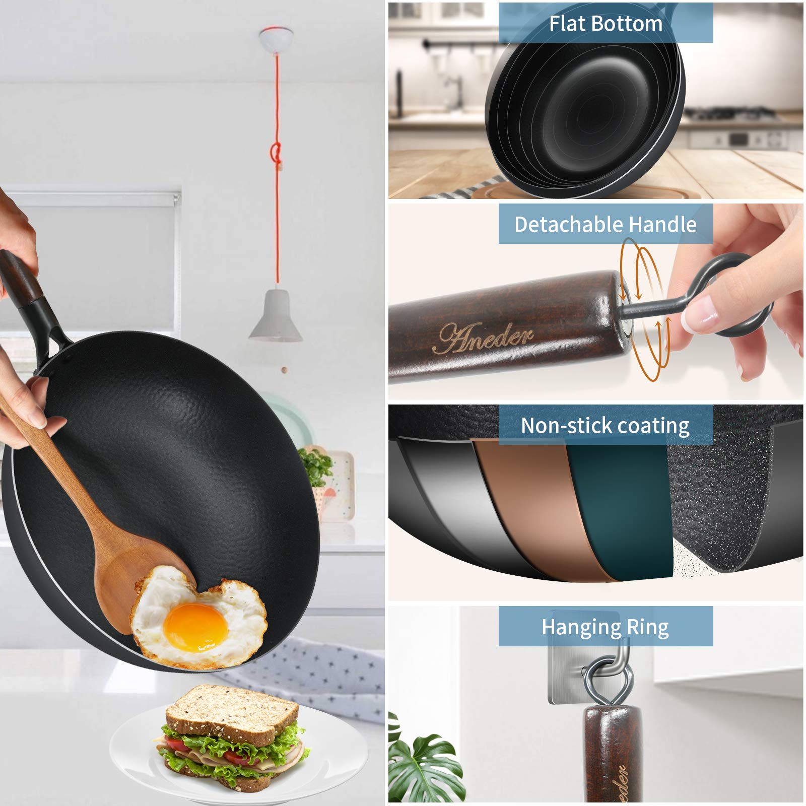 Aneder Carbon Steel Wok Pan With Lid & Wood Spatula, 12.5'' Cast Iron Stir Fry Pan With Flat Bottom And Wooden Handle For Electr