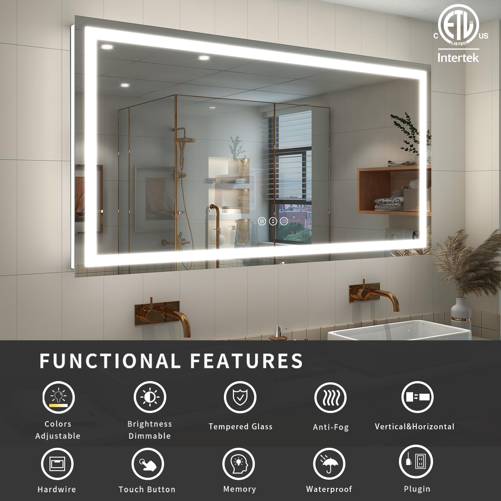 Oddsan 50X36 Led Lighted Bathroom Mirror For Wall, Large Vanity Mirror With Lights, Dimmable, Anti-Fog, Shatter-Proof, Etl Liste