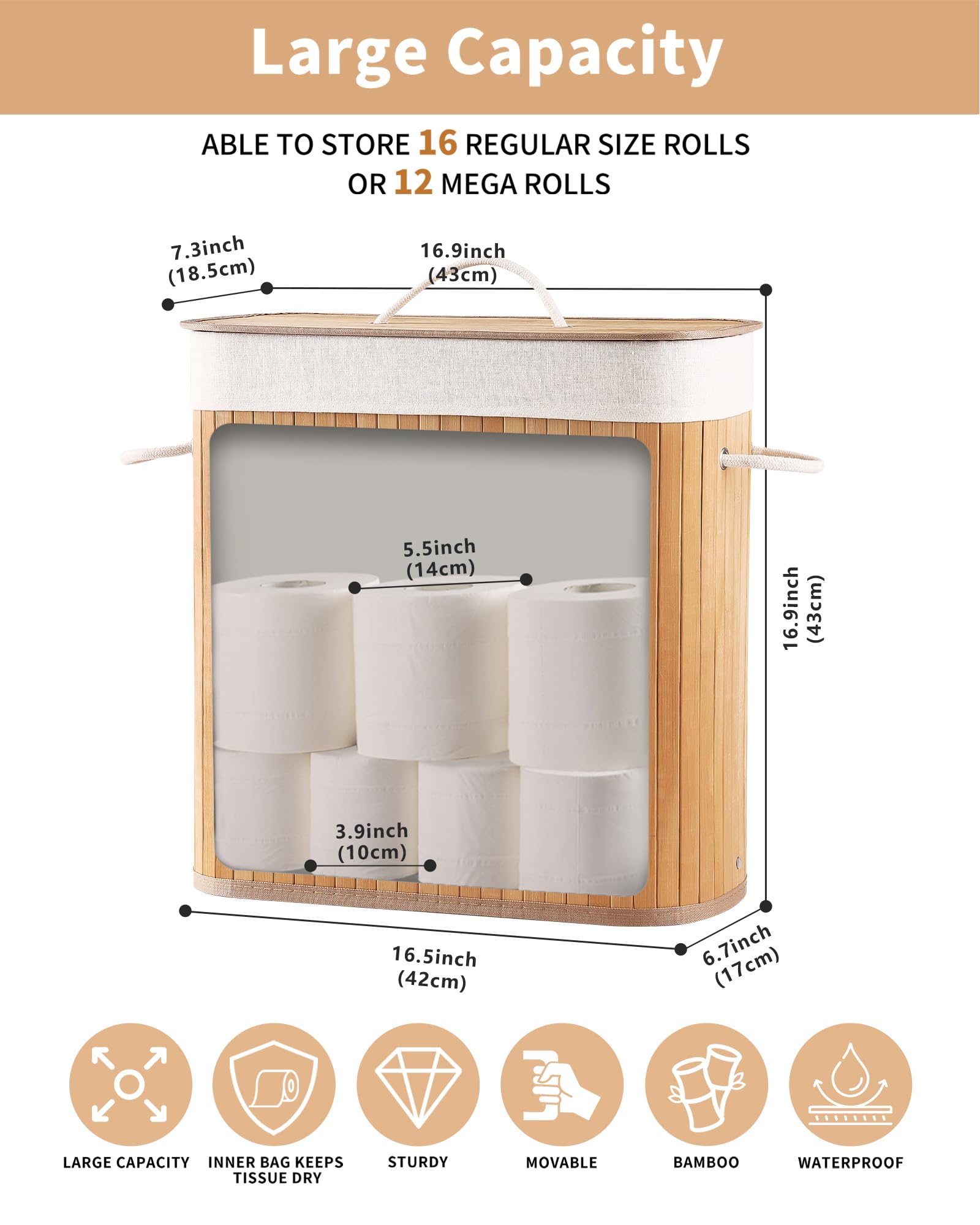 WAOHANAZ Bamboo Toilet Paper Storage with Lid & Handel, 8 Gallons (30L), Sturdy Toilet Paper Basket, Organizer for Bathroom, Kit