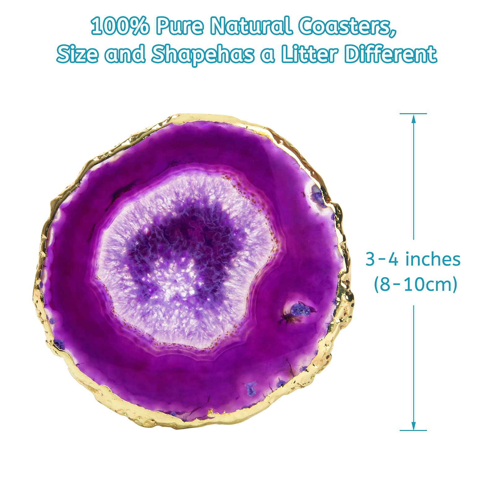 Purple Agate Coasters Set of 4 with Gift Box  Luxiv 3-4'' Agate Coasters for Drinks Natural Crystal Coasters with Gold Edge Brazilian Geode Stone Coaster for Coffee  Drinks  Tea (Purple  3-4 inches)