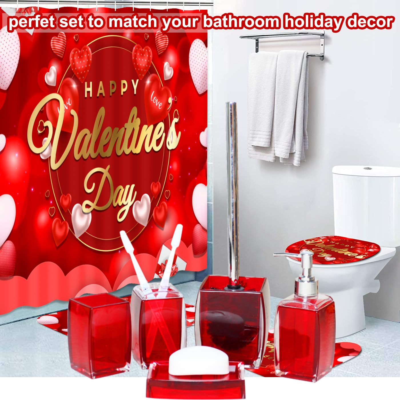 Tuanyo 5 Pcs Red Acrylic Bathroom Accessories Set Complete, Lotion/Soap Dispenser, Soap Dish, Toothbrush Holder, Tumbler, Toilet
