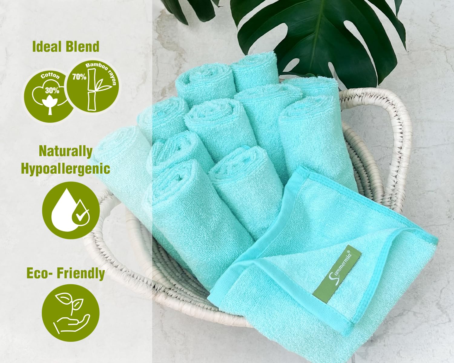 SUMMERMIA Bamboo Washcloths 12 Pack 13'' x 13'' - Soft Wash Cloths for Your Face Towel  Wash Cloths for Your Body (Teal)