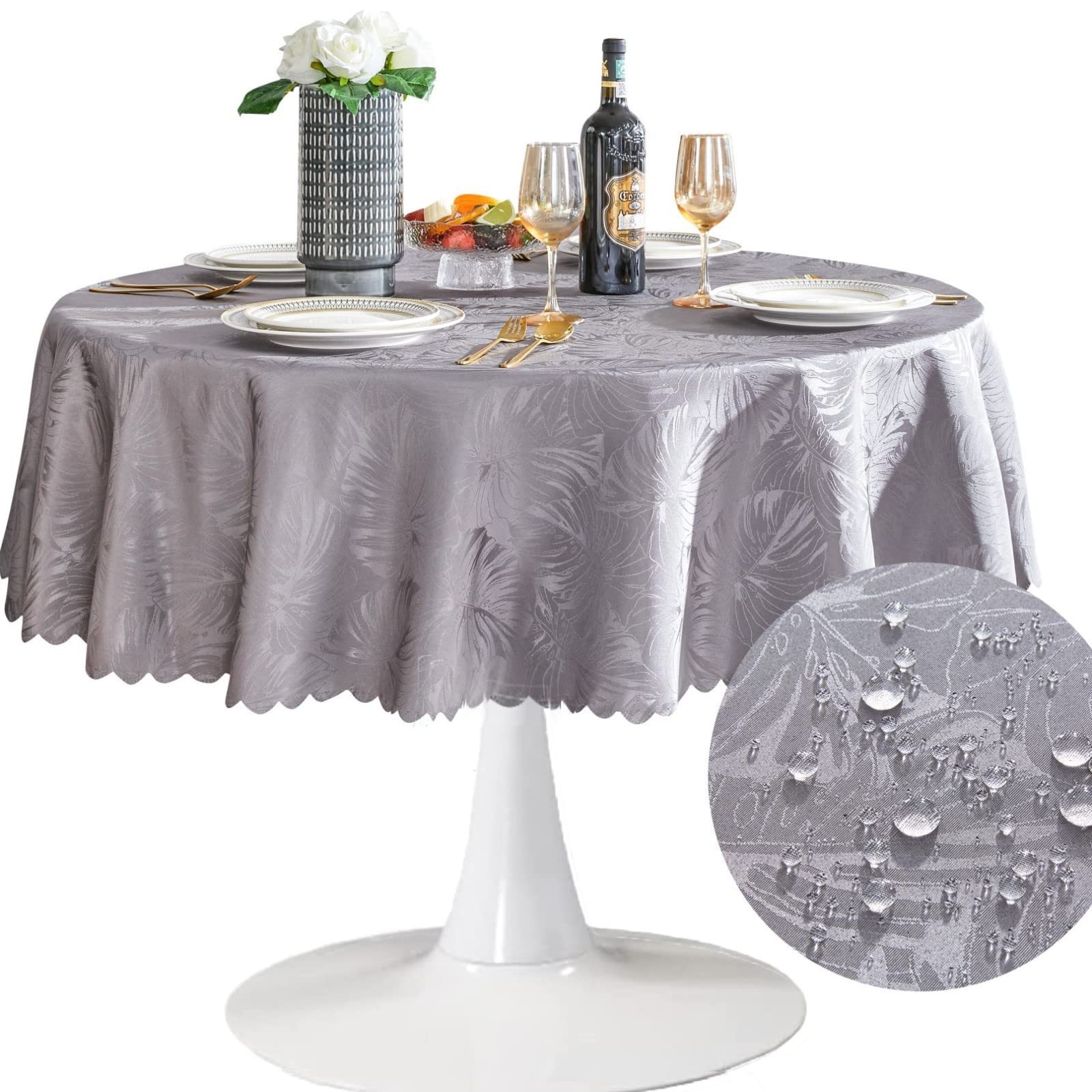 Efficinature Round Tablecloth Grey Table Cloth Leaves Pattern Scalloped Edge Silky Soft Waterproof Washable 50 Inch Fabric Table