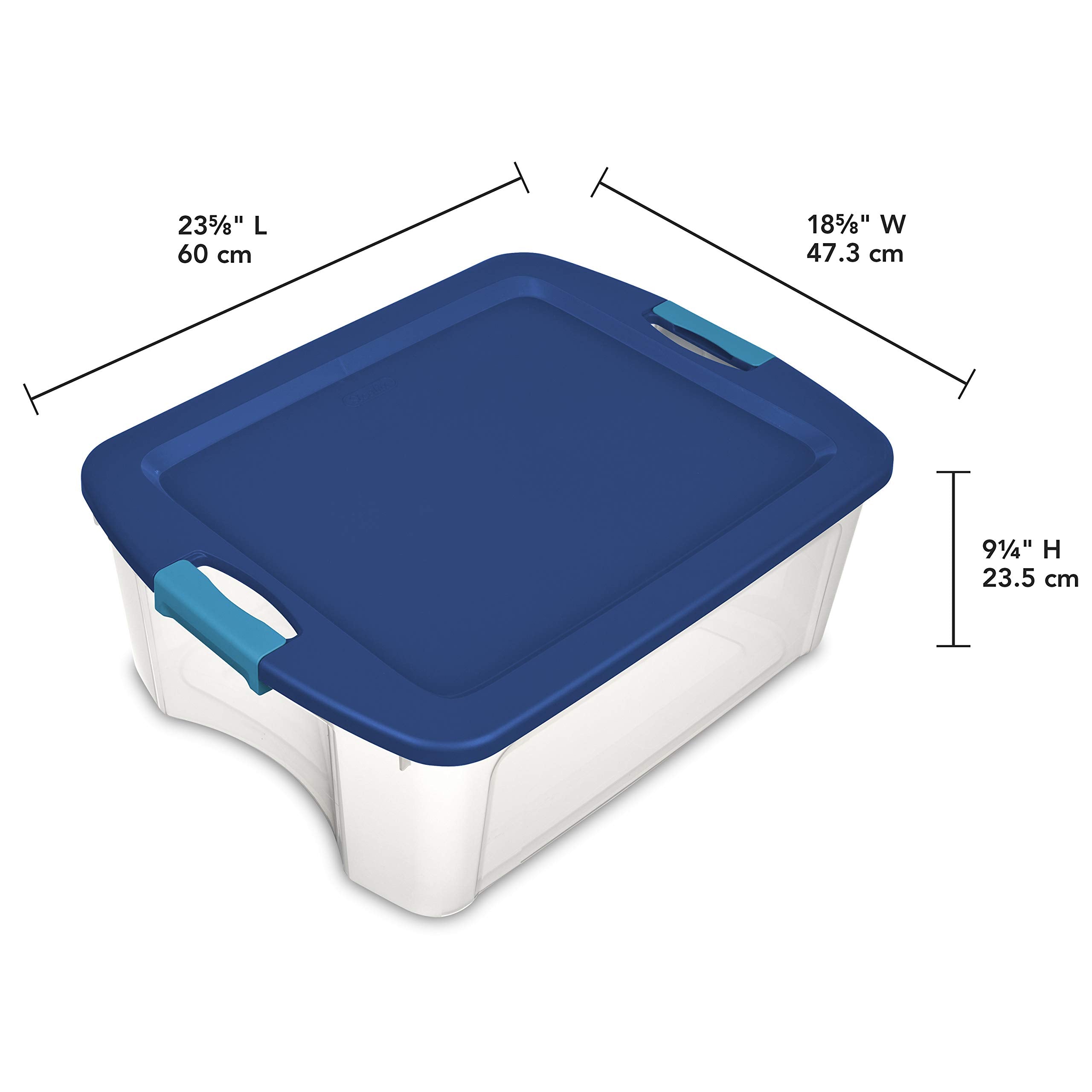 Sterilite 12 Gal Latch And Carry, Stackable Storage Bin With Latching Lid, Plastic Container To Organize Closets, Clear With Blu