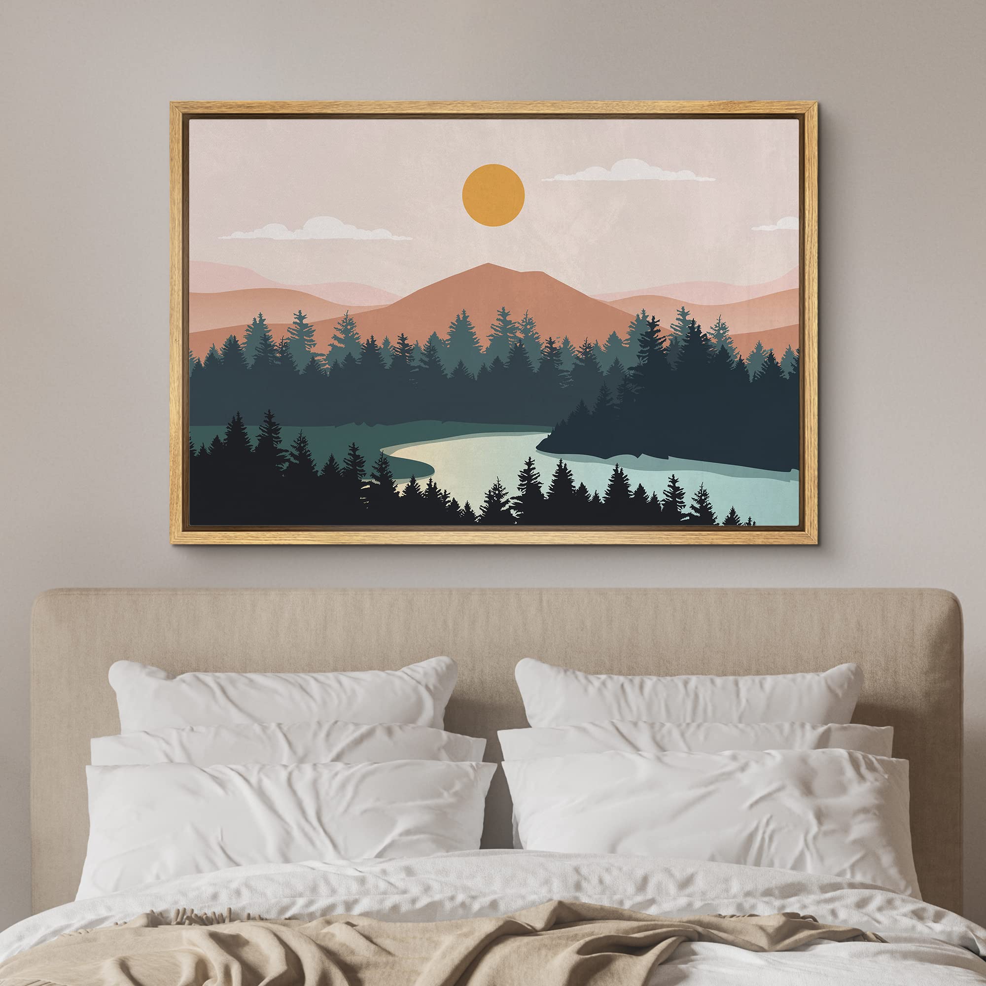 Signford Framed Canvas Print Wall Art Woodland Nursery Decor Geometric Pastel Mountain Range Nature Wilderness Modern Art Decora