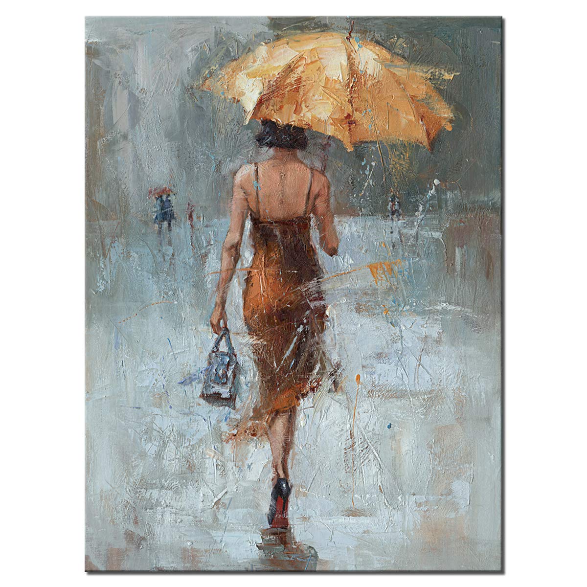 Canvas Wall Art Girl Umbrella With Khaki Dress Walking In Street Rain Modern Painting Abstract Artwork For Office Home Decor