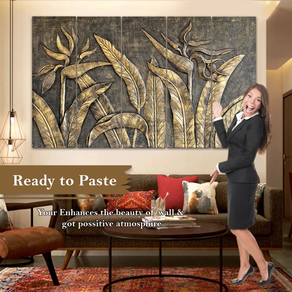 Maxstone Goldan Leaves Leaf Natural Wall Painting Living Room,Bedroom,Office,Home Dcor 5 Panal Wall Painting Big Size Wall Hangi