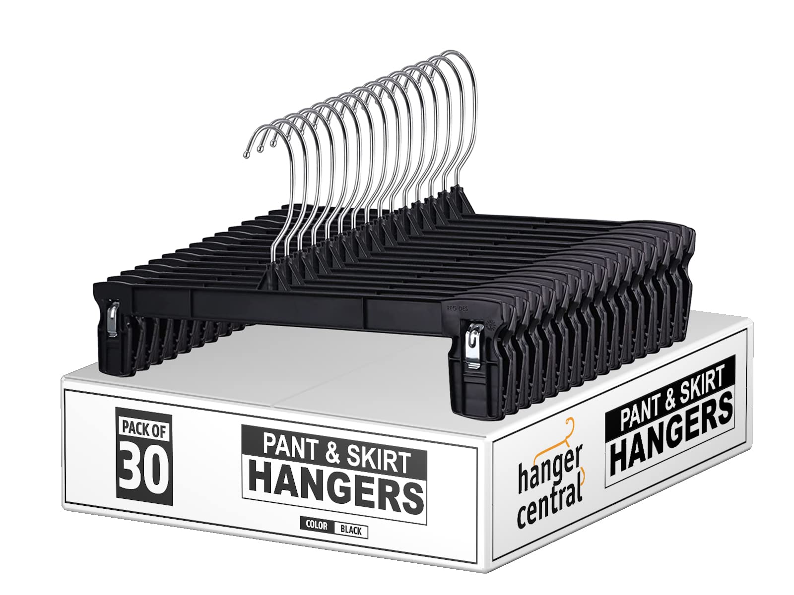 Hanger Central 30 Pack Space Saving Heavy Duty Slim Plastic Pants  Skirts  Shorts Hangers  Ridged Non-Slip with Pinch Clips  360-Rotating Chrome Swivel Hook  in Black  10 Inches