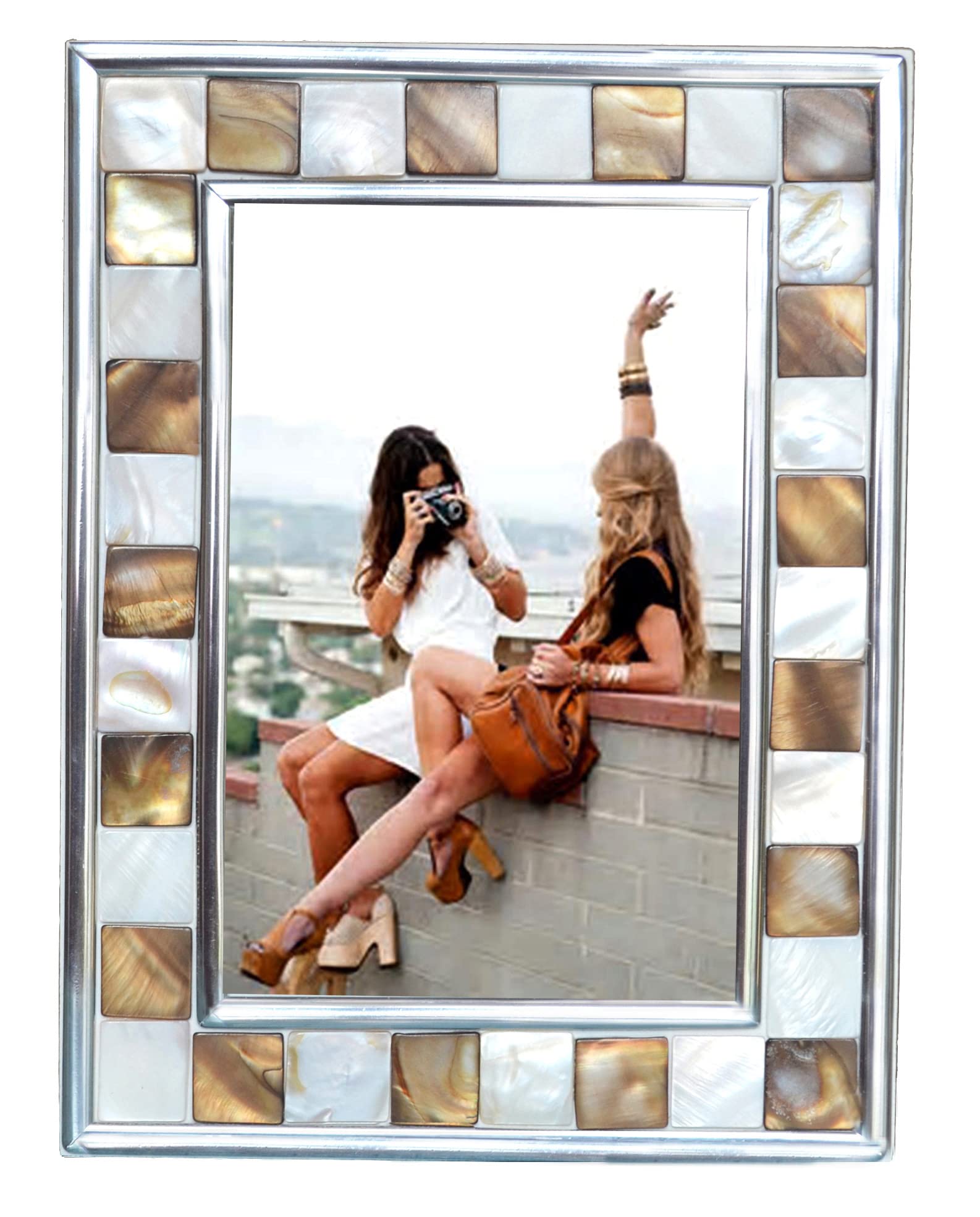 GIFTME 5 Silver Plate Brown 4x6 Picture Frame Mother of Pearl Mosaic 4 by 6 Photo Frame Mosaic Glass Picture Frame (Brown+White,