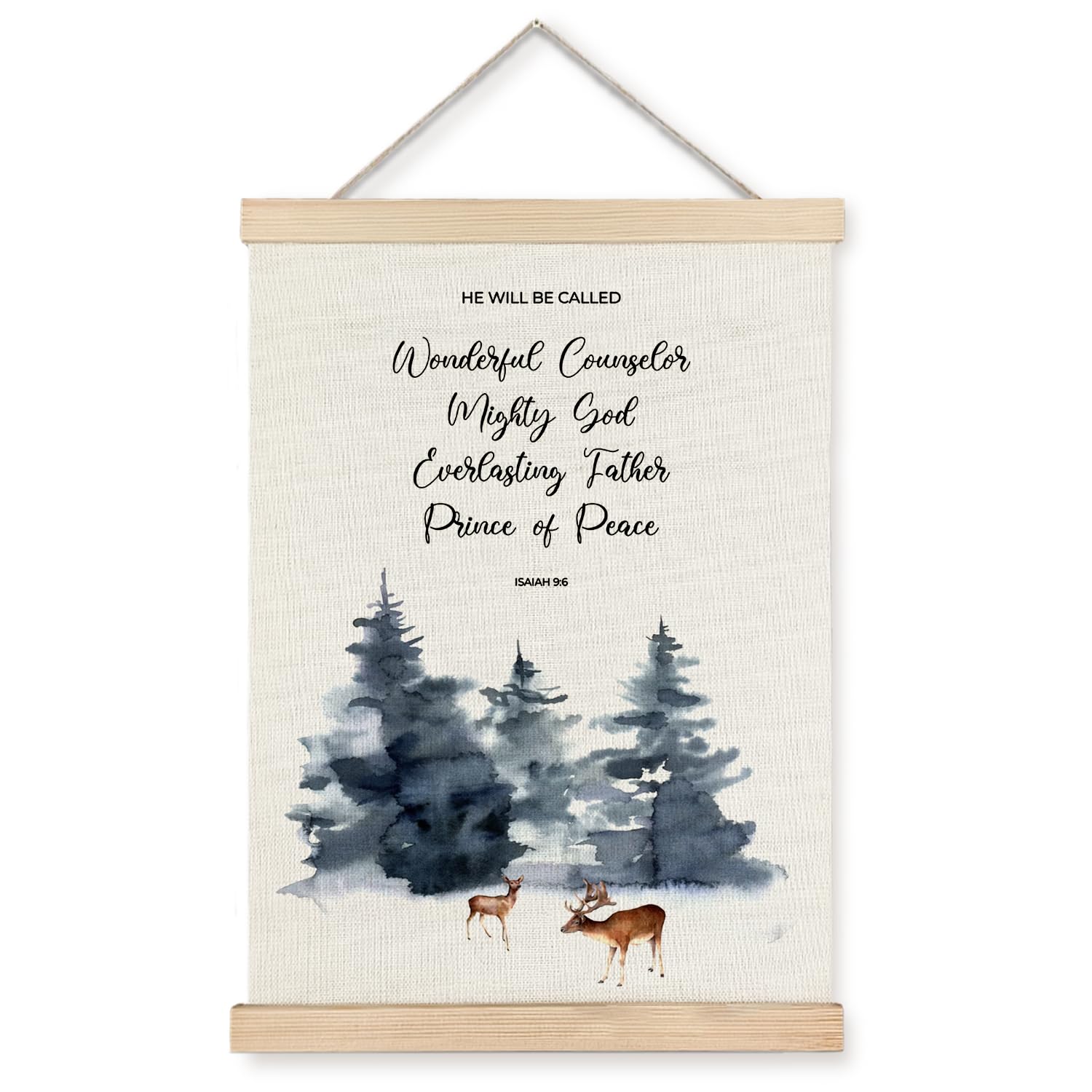 Supwhd Christmas Bible Verses Wall Art With Wooden Poster Hanger, Isaiah 9:6 Christian Wall Decor, Christmas Tree Deer Wall Deco
