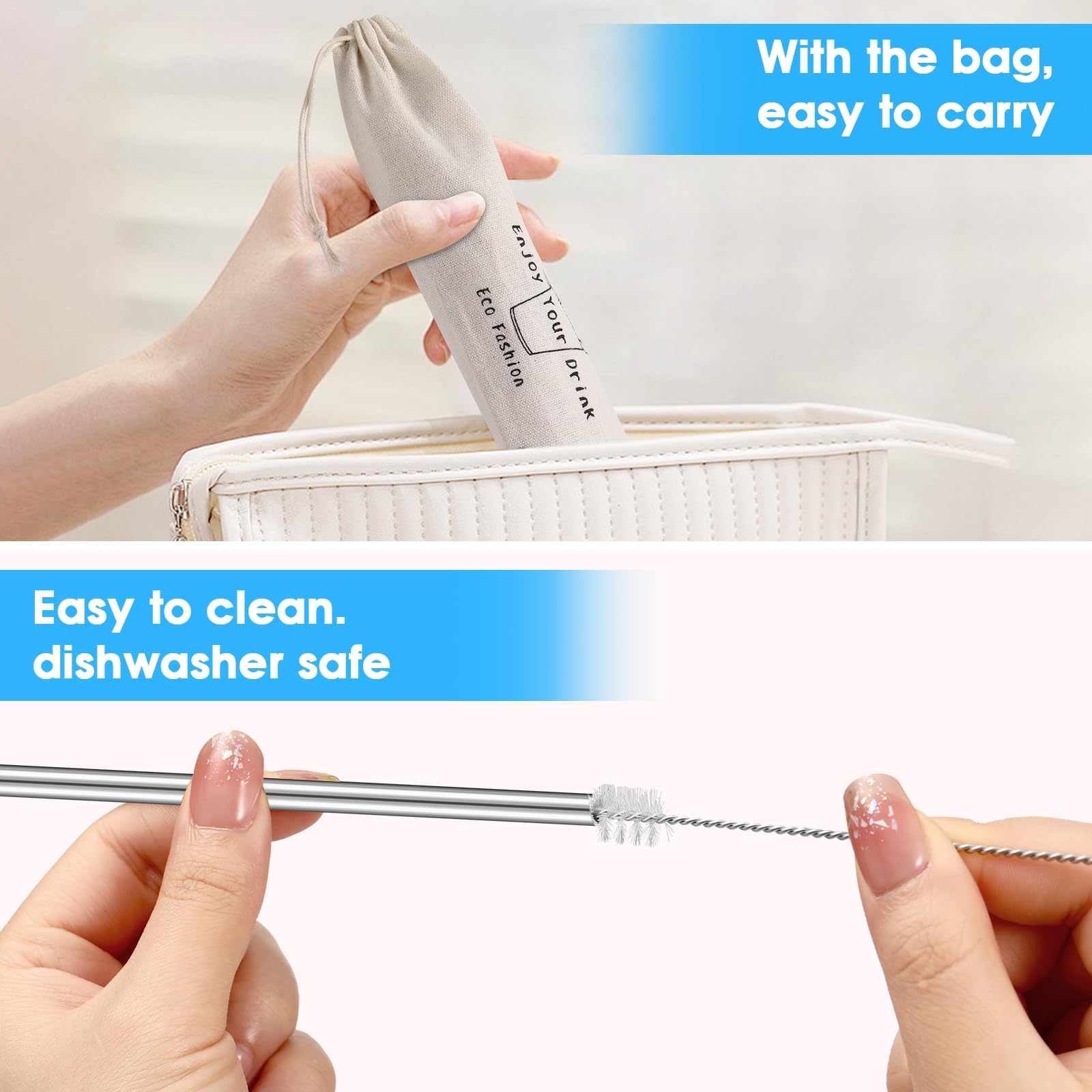 Mutnitt Set Of 20 10.5'' Reusable Stainless Steel Straws Bent Reusable Straws With 20 Silicone Tips 5 Cleaning Brush 1 Travel Ca