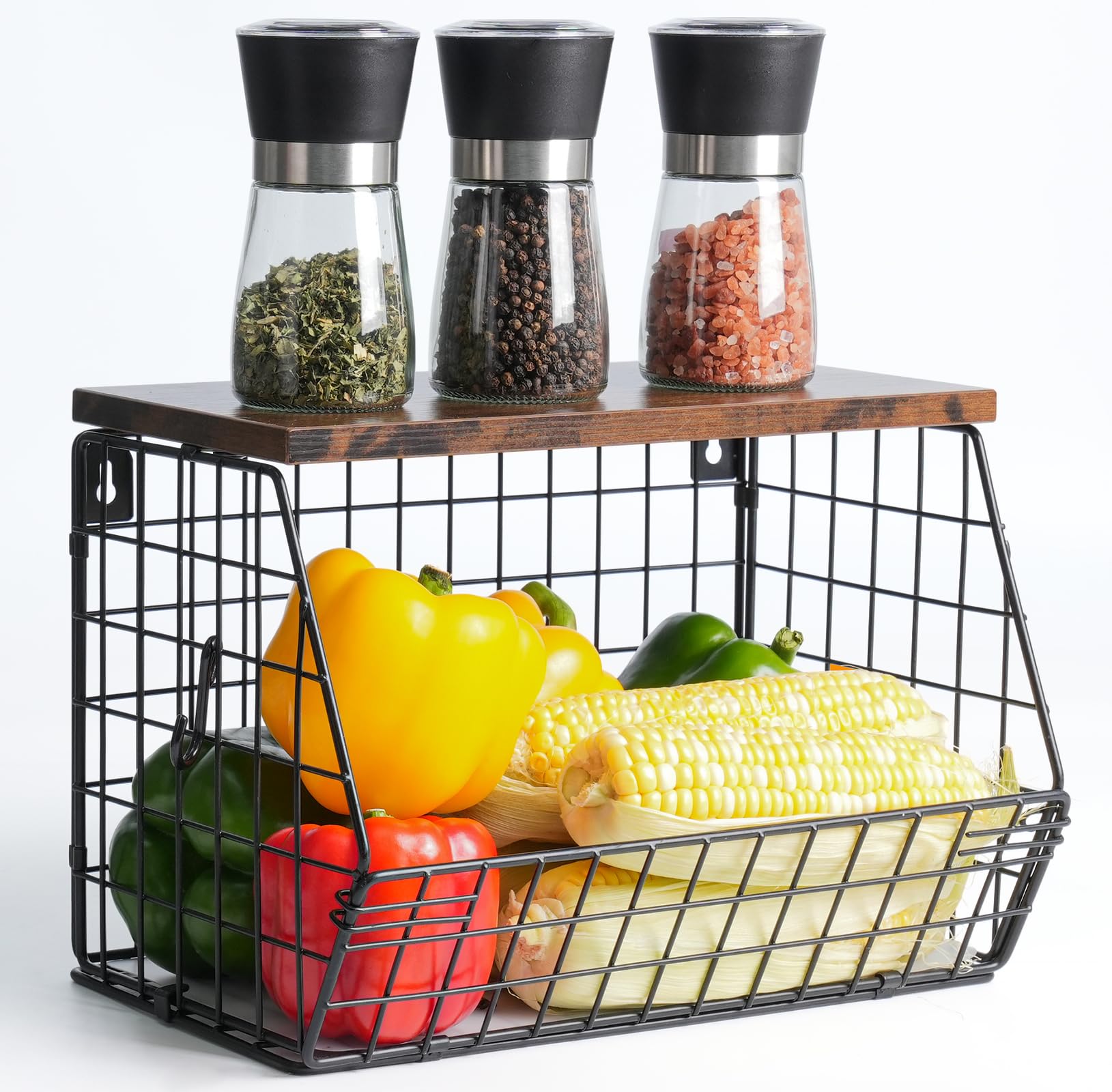 Fruit Bowl for Kitchen Counter Stackable Wall Mounted Hanging Basket Wire Basket with Wood Lid with Banana Hanger Hooks, Onion,P
