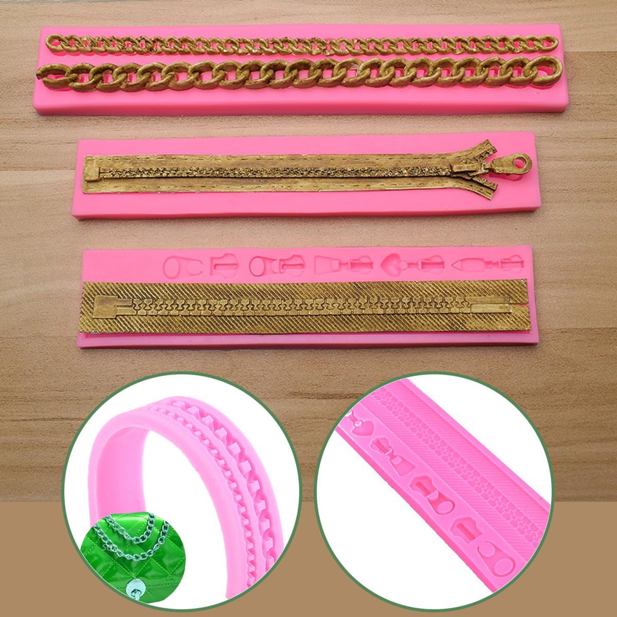 Kuuguu 2 Pack Zipper Chain Silicone Mold Realistic Chain Cake Fondant Mold Purse Bag Cake Decorating Mould For Diy Cake Border D