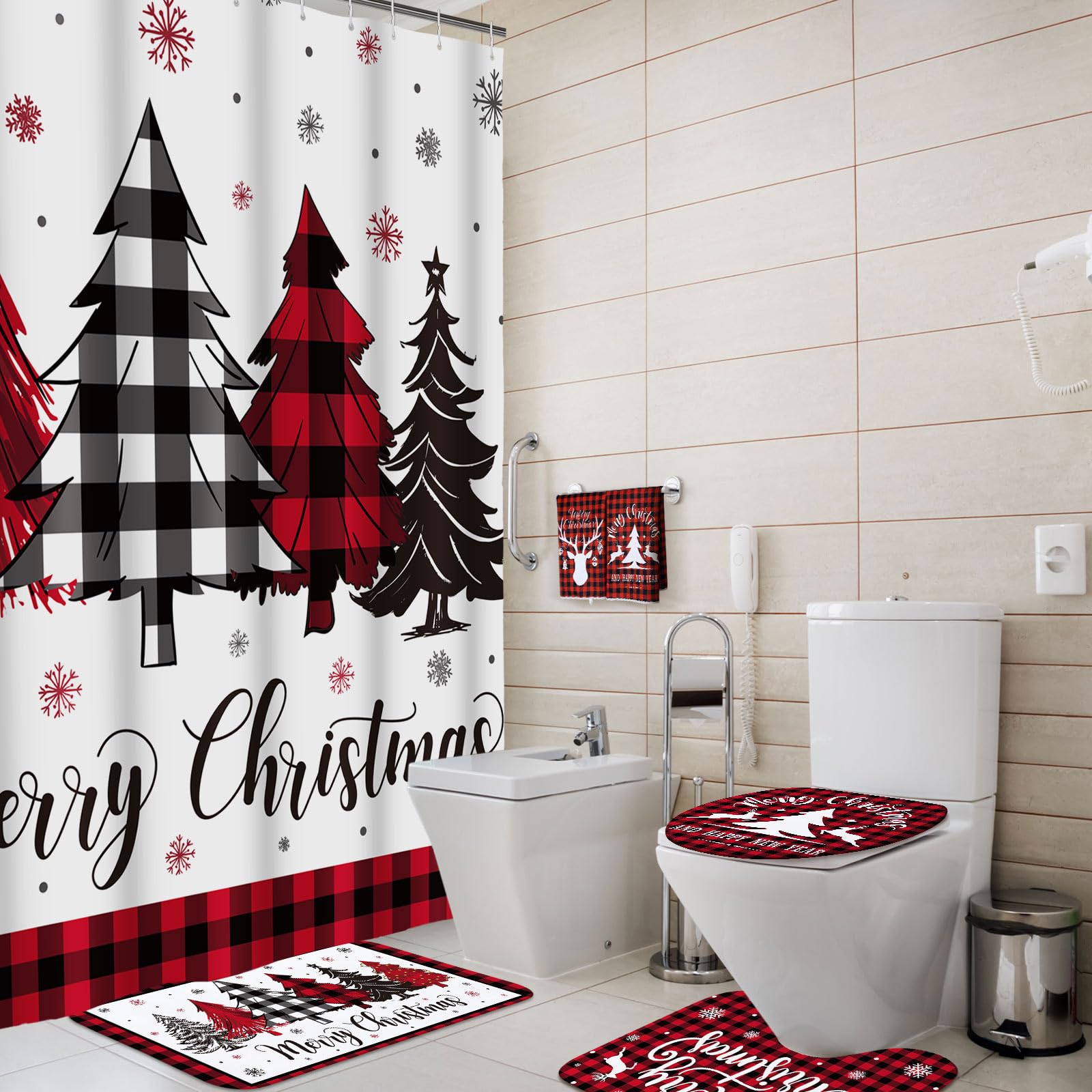 Honoson 8 Pcs Christmas Shower Curtain Set with Rugs and Kitchen Towels Buffalo Plaid Christmas Tree Bathroom Decor Merry Christ