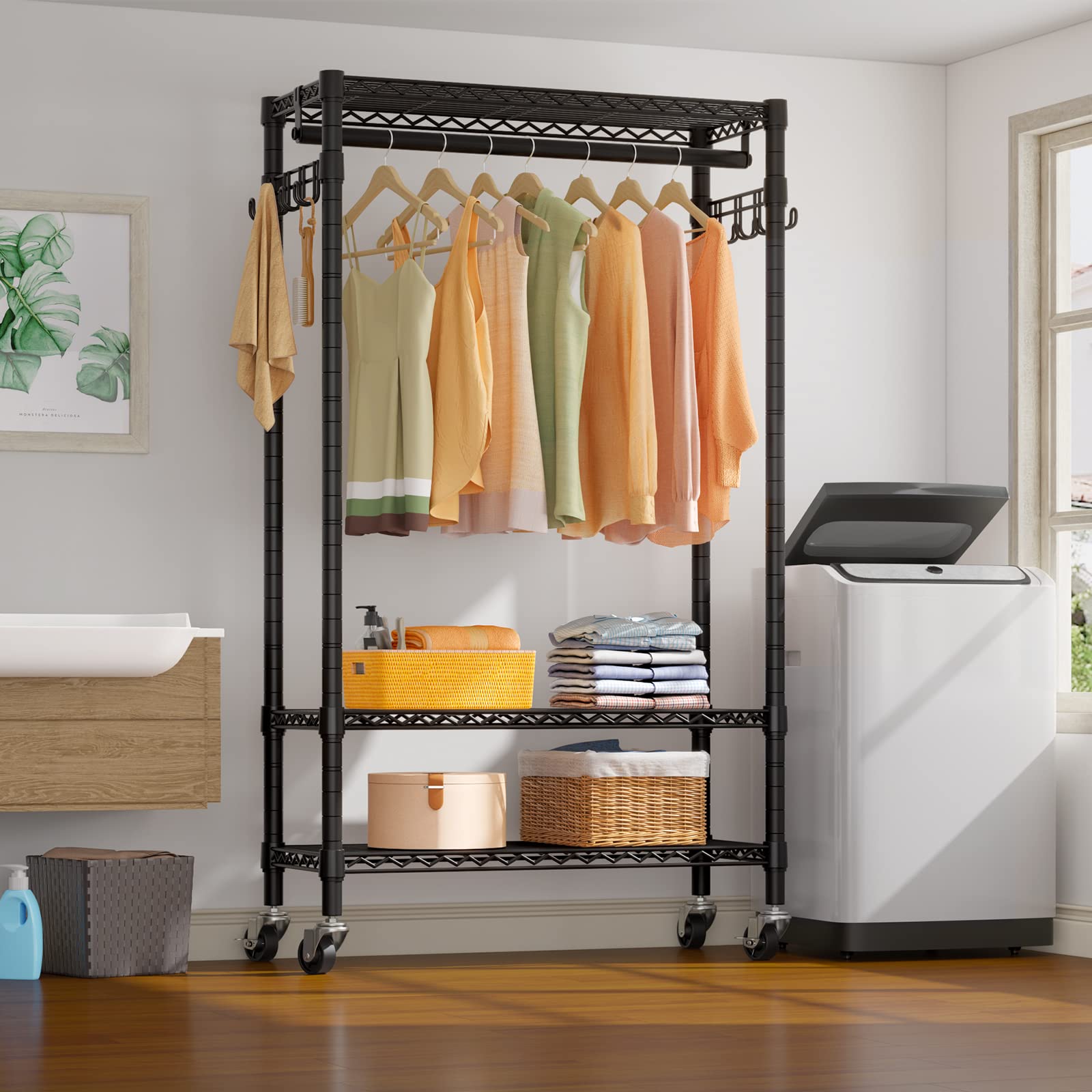 Vipek R1 Rolling Garment Rack Heavy Duty Clothes Rack For Hanging Clothes, Portable Closet Wardrobe With Wheels And Side Hooks,