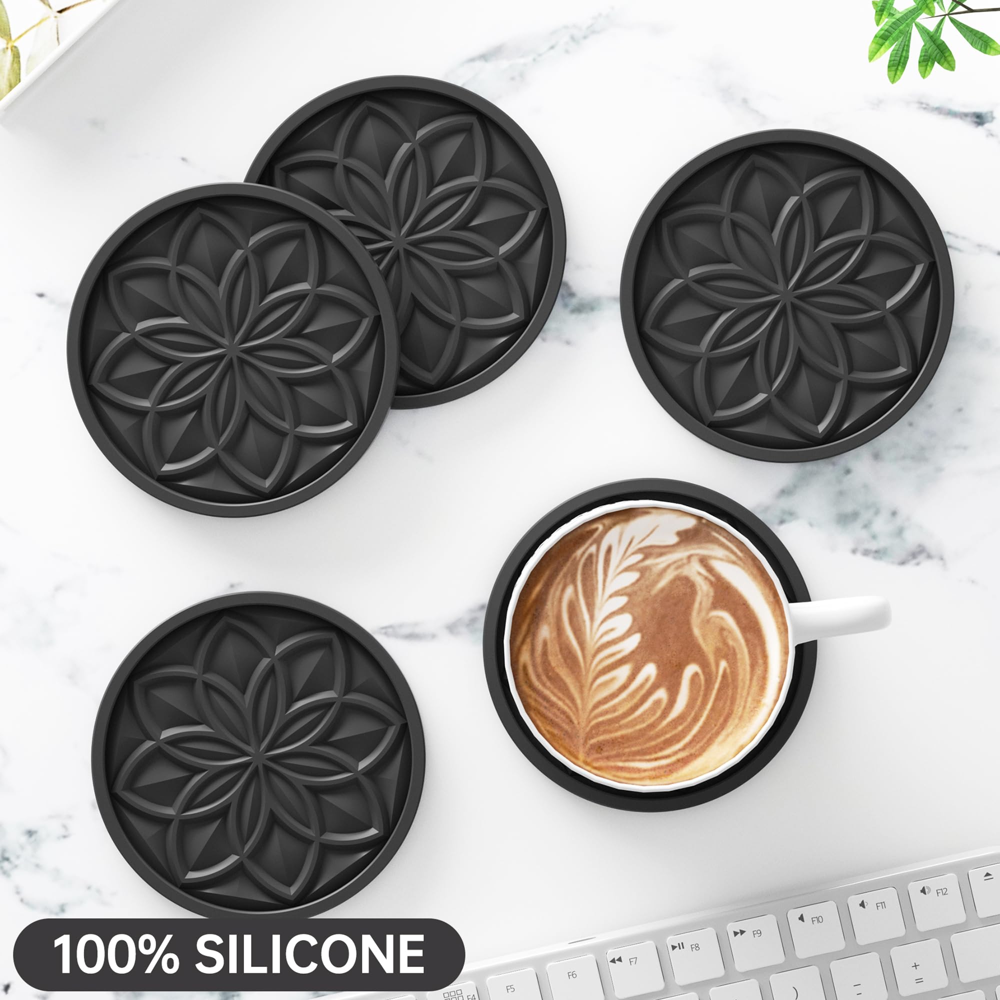 HFHOME Coasters for Drinks 6 Pack Silicone Coasters Set with Holder  Drink Coaster for Coffee Table  Table Cup Mat Desk Coaster for Drinks  Bar Coasters for Home Decor Tabletop Protection Gift - Black
