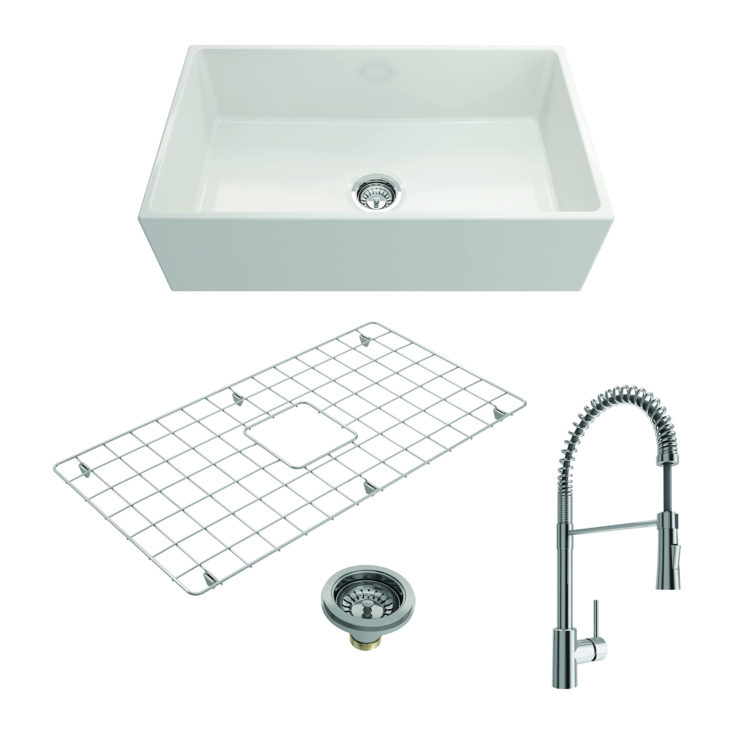 Bocchi Contempo Apron Front Fireclay 33 In. Single Bowl Kitchen Sink In White With Chrome Faucet