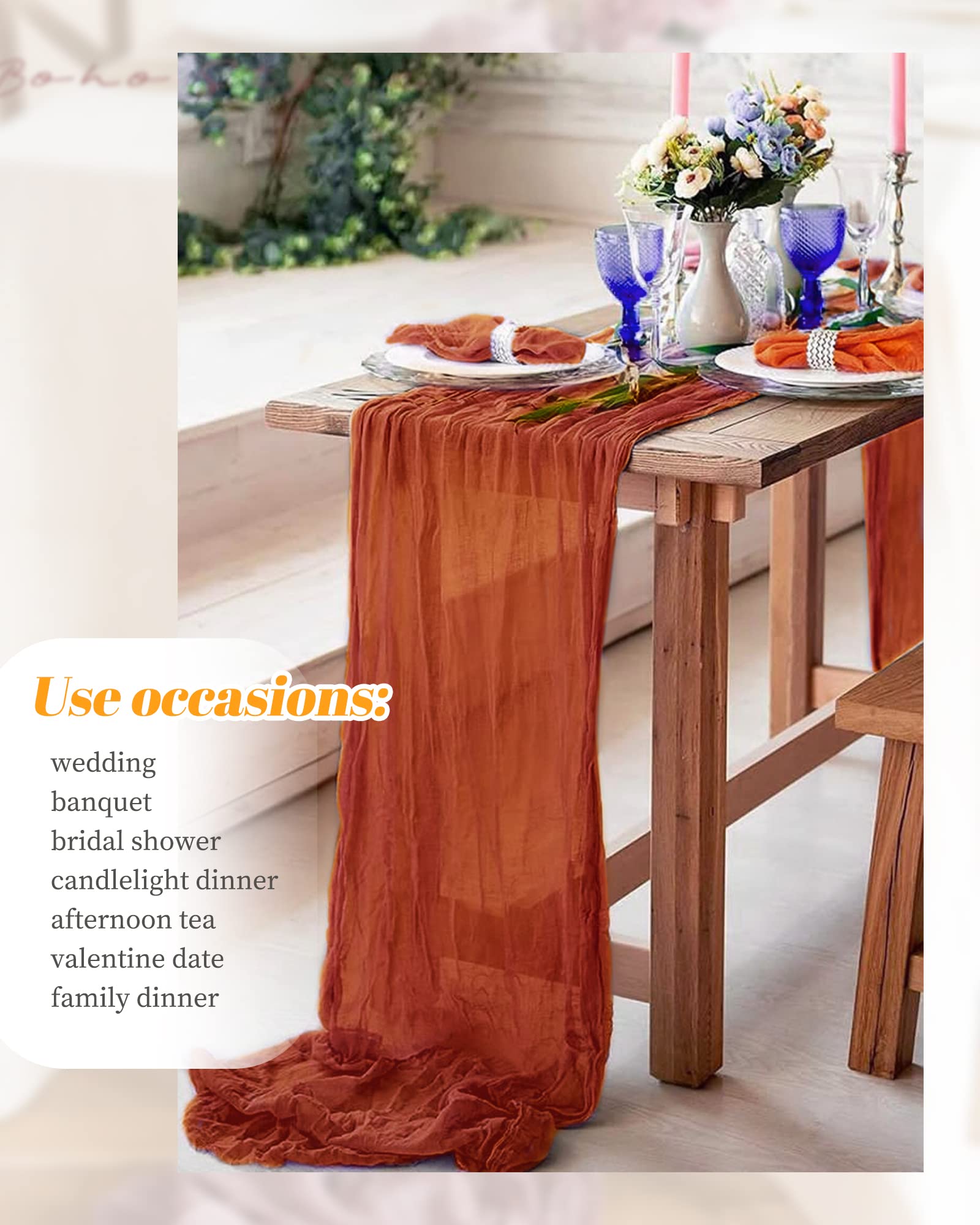 10Pack Terracotta Cheesecloth Table Runner, 10Ft Gauze Rustic Boho Cheese Cloth Table Runner 35X120 Inch Long Romantic Sheer Tab