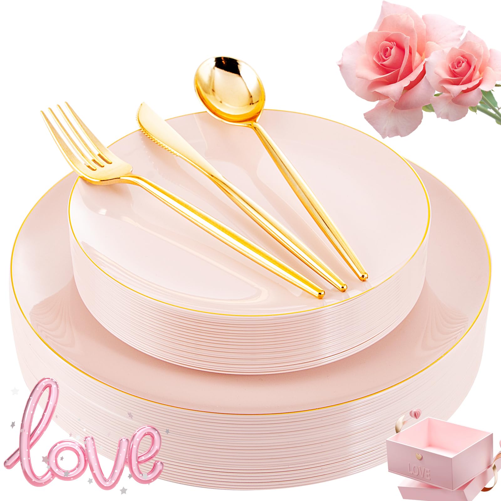 I00000 30 Guests Pink Plastic Plates For Party,Pink Valentine Plates, Gold Disposable Dinnerware Set Include 30 Dinner Plates,30