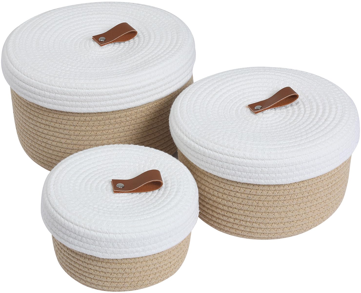 Cottonphant Set Of 3 Stylish Round Woven Baskets With Lids - Elegant Storage Solution For Home Decor And Organization - Compact