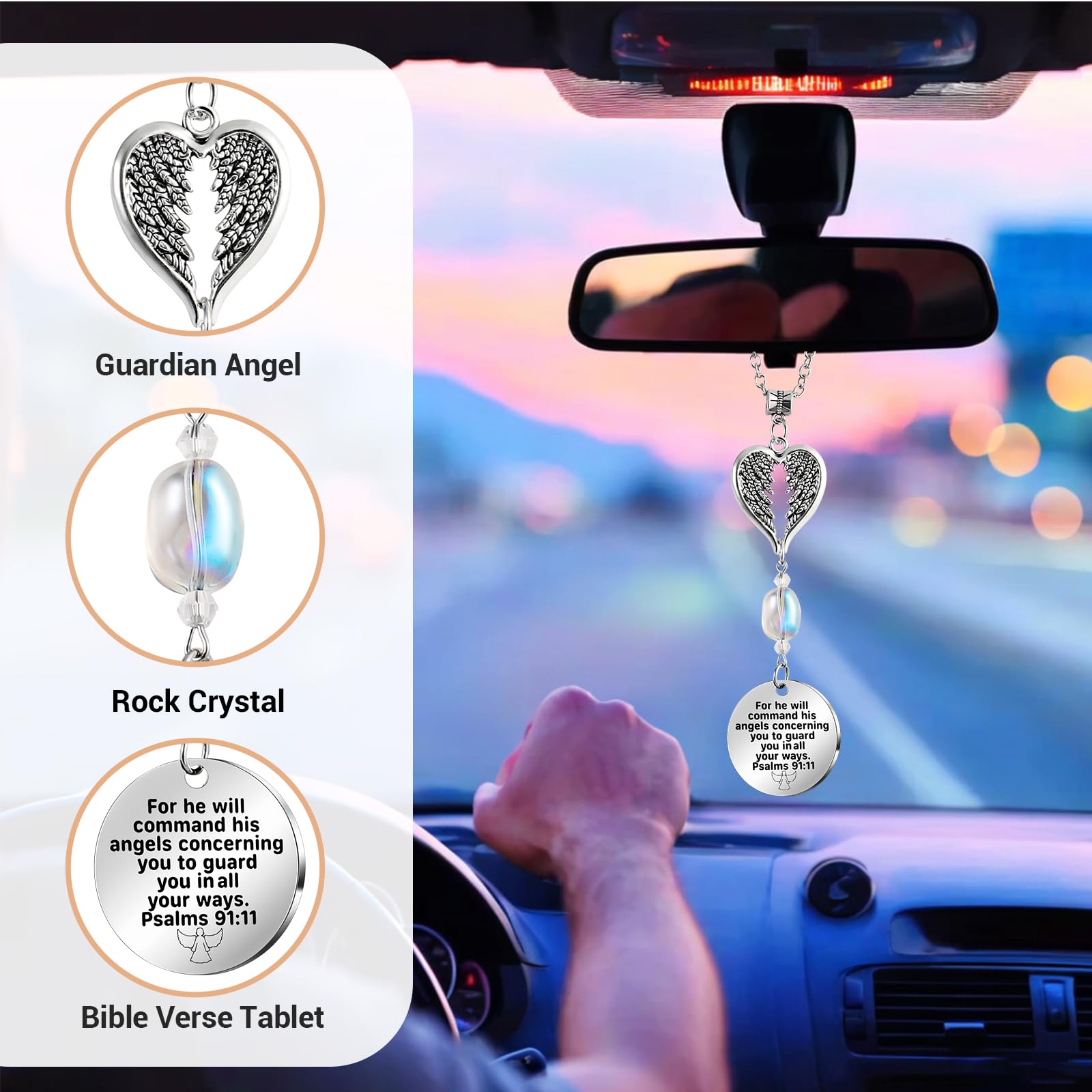 Ausicfen Angel Car Charms - Christian Rear View Mirror Ornament, Alloy Steel, Psalm 91:11, Stainless Steel, Model Christian Car Mirror Ornament01