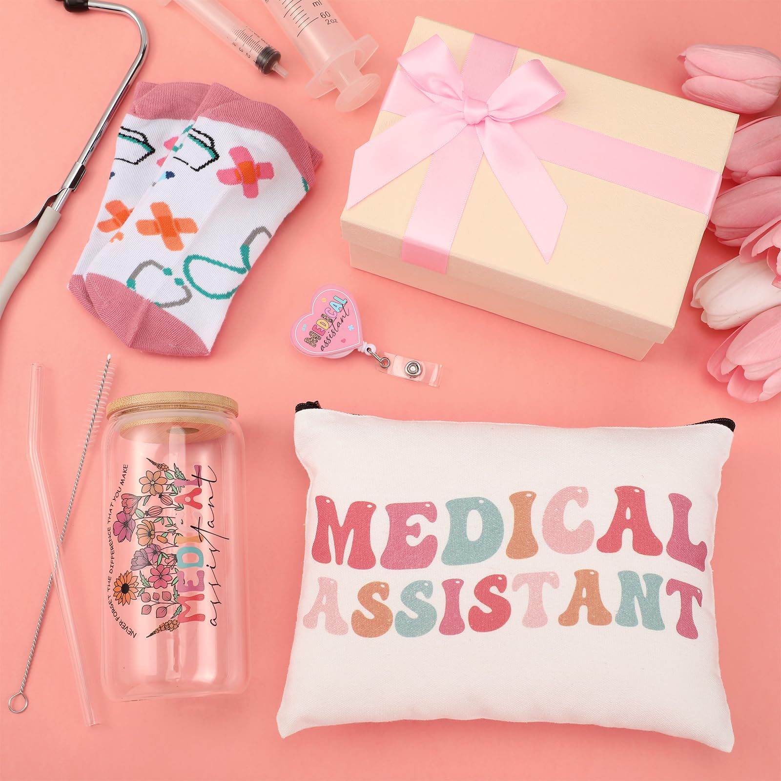 Skylety 5 Pcs Christmas Medical Assistants Gifts Sets for Women 16 oz Glass Cup Sock Cosmetic Bag Badge Reel Present Box Novelty