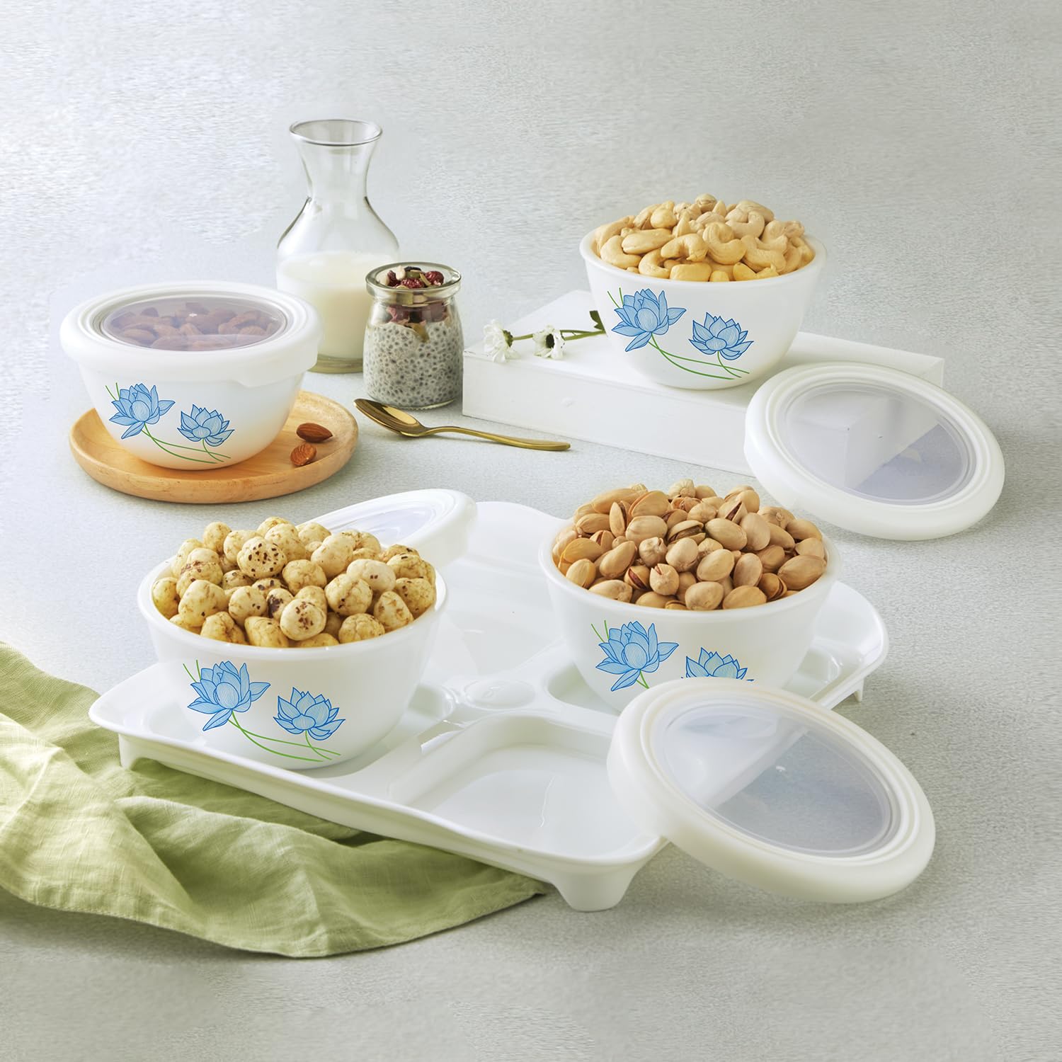 Cello Tiffany Neelkamal Dry Fruit Set | Set Of 4 | Serving Bowl | Serving Tray | Containers With Lid | 500Ml, White