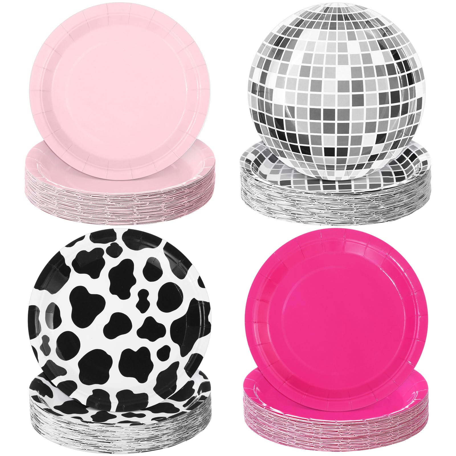 Funnymoom 100 Pcs Western Cowgirl Paper Plates for Cow Print Party Decorations 7 Inches Hot Pink Disco Ball Disposable Dessert P