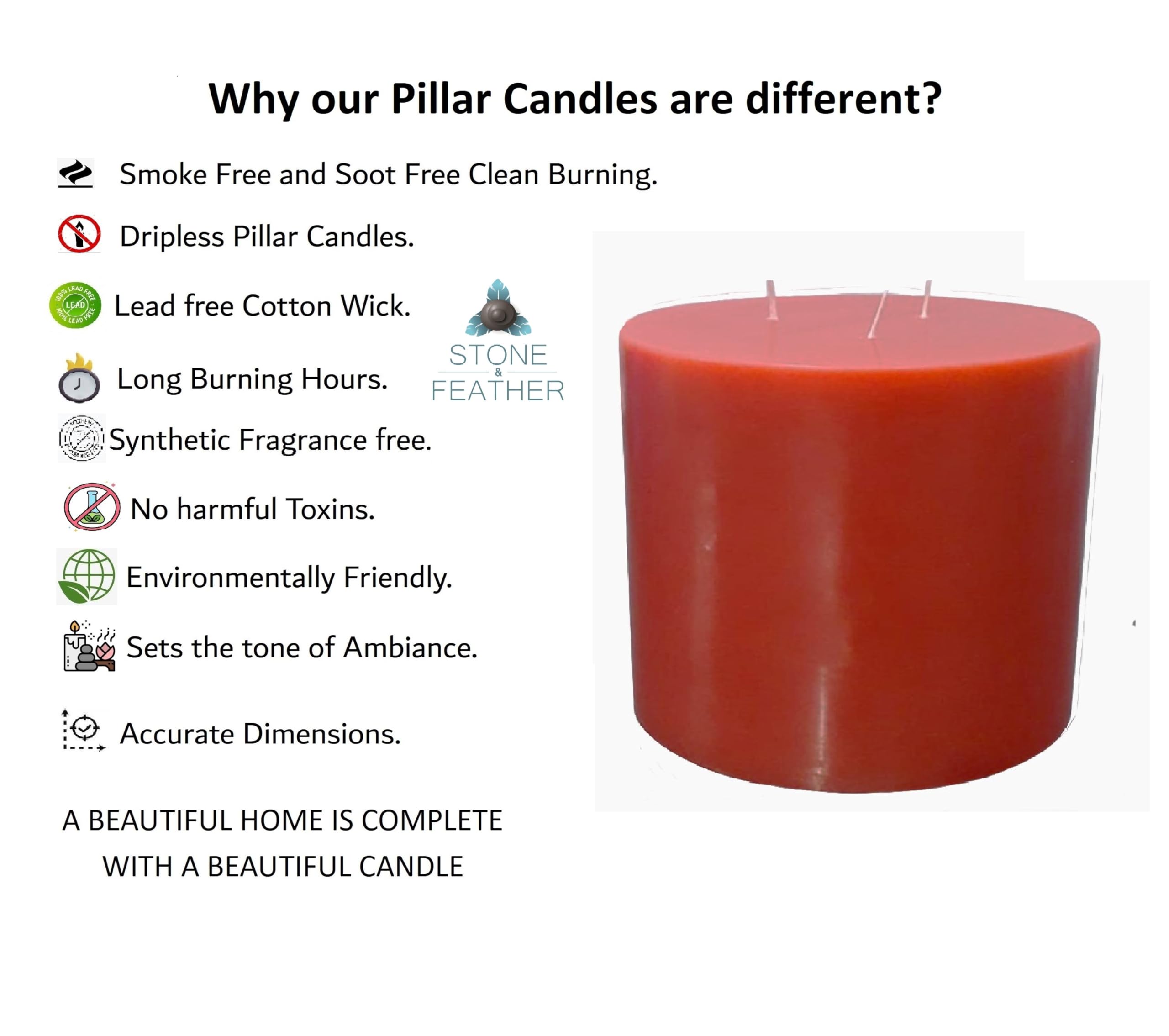 Stone & Feather (SnF), Paraffin Wax, Unscented Red Pillar Candle, 3 Wick, Large Size- 6X6, Long Burnig Time- 200 Hours,for Home