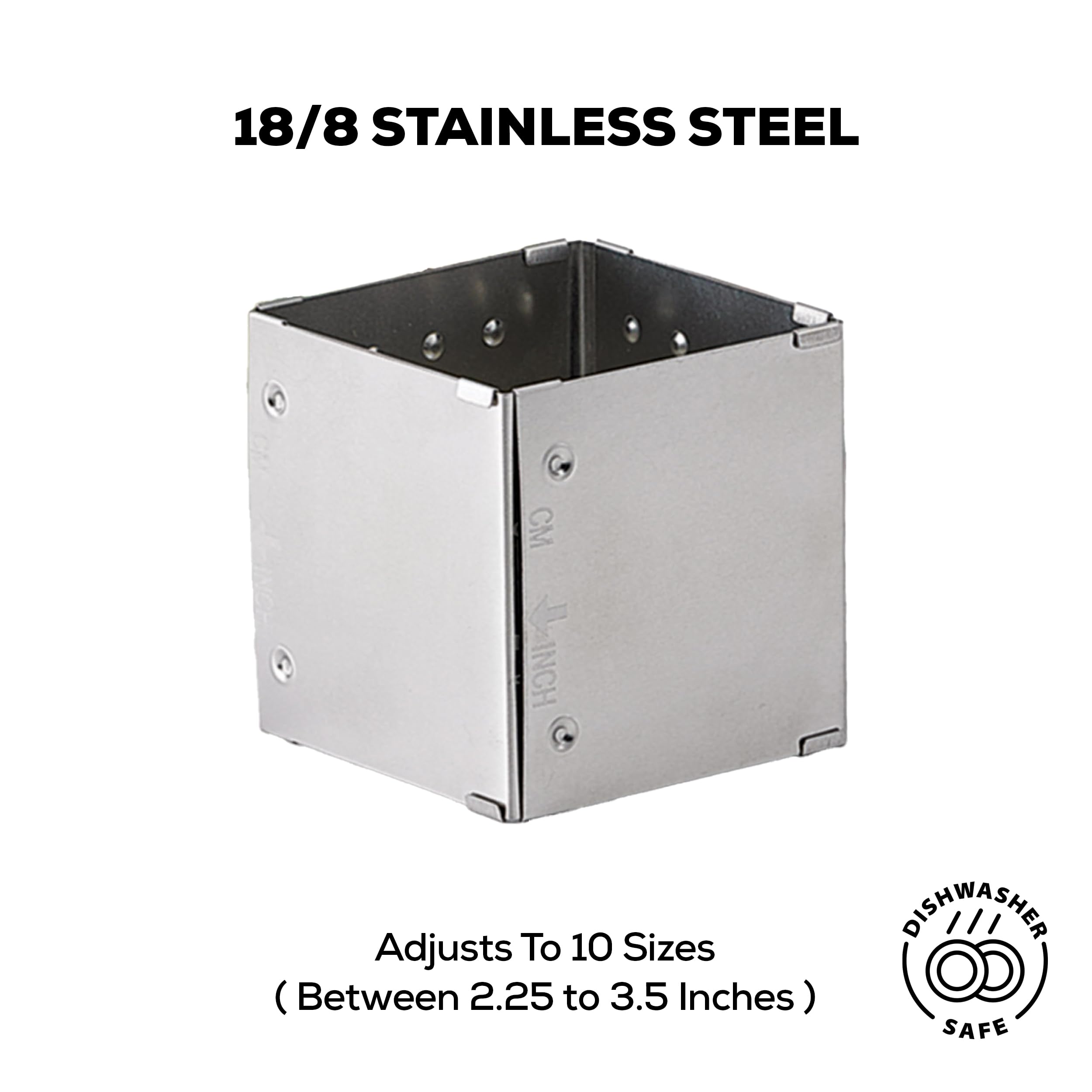 HIC Kitchen Adjustable Square-to-Rectangle Food Ring - Stainless Steel, 10 Configurations, Model 93256